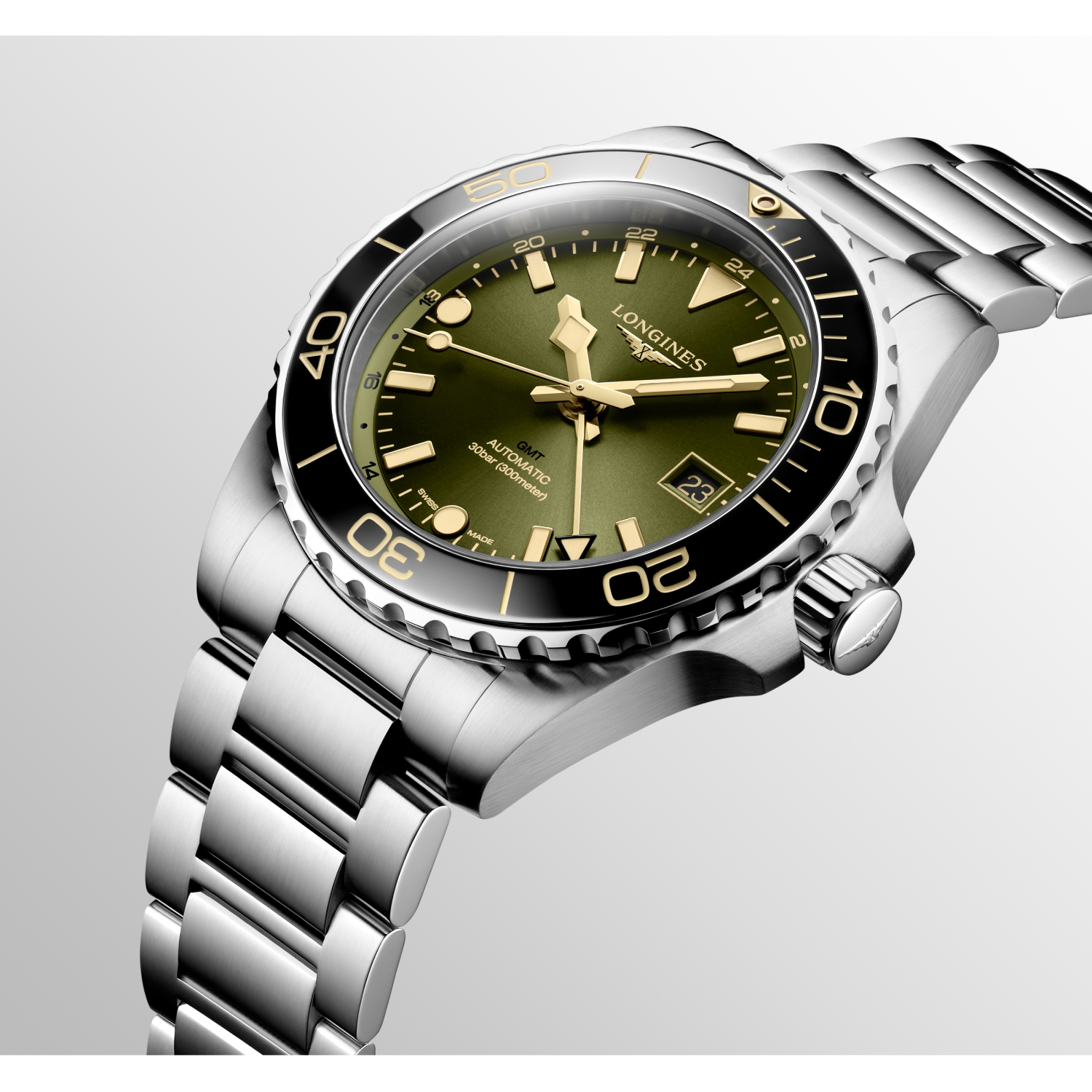 Montre Longines HydroConquest GMT L3.790.4.06.6 cadran Vert bracelet Acier L3.790.4.06.6