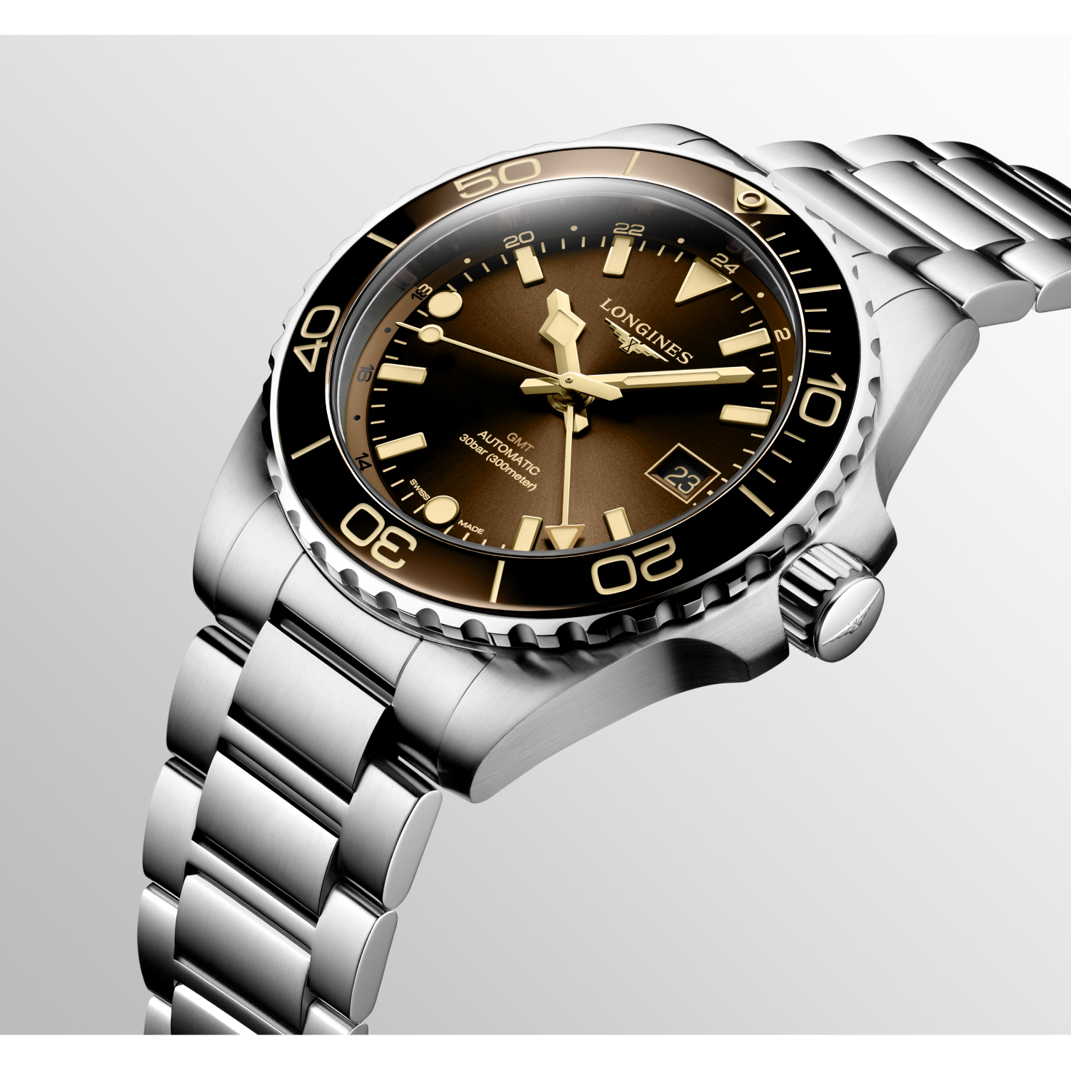 Montre Longines HydroConquest GMT L3.790.4.66.6 cadran Chocolat bracelet Acier L3.790.4.66.6