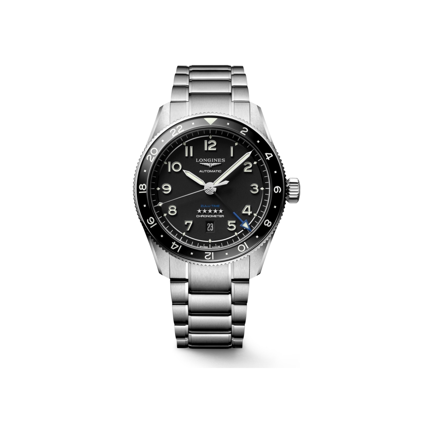 Montre Longines Spirit Zulu Time L3.812.4.53.6 cadran Noir bracelet Acier L3.812.4.53.6