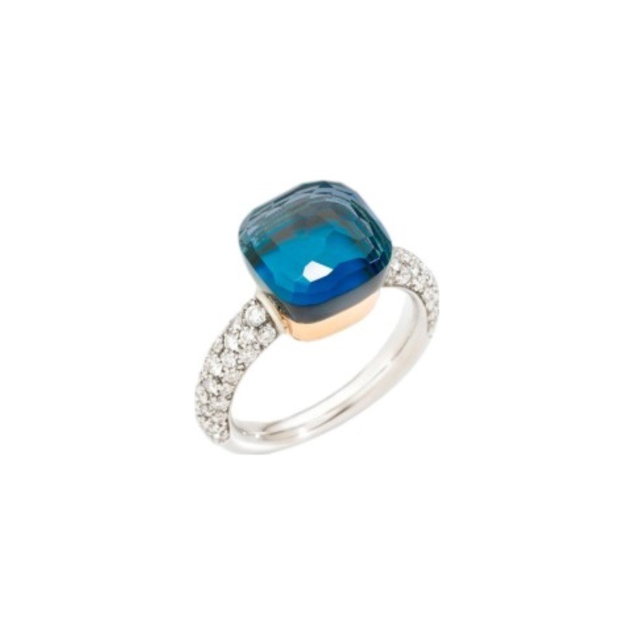 Bague Pomellato Nudo Classic en or blanc, or rose, topaze bleue London et diamants