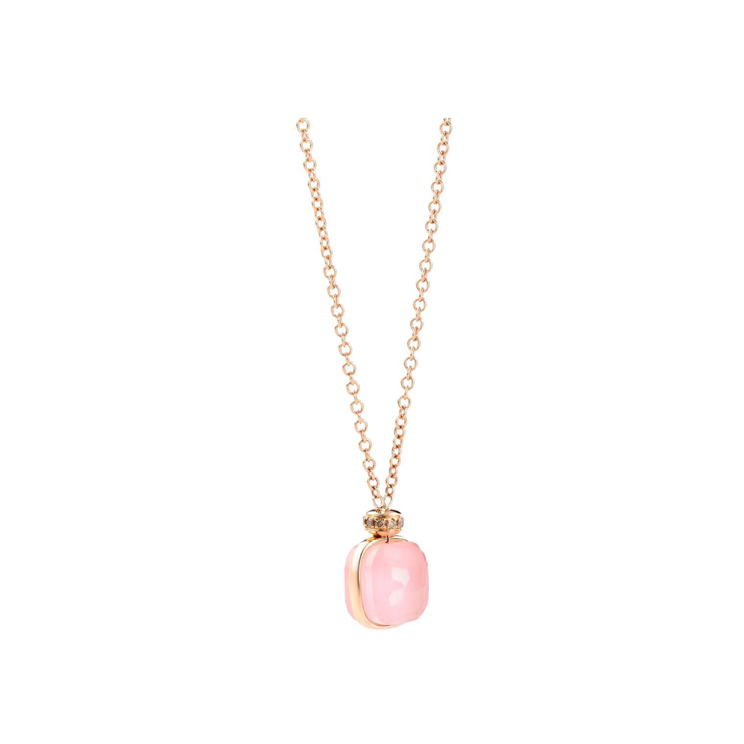 Collier Pomellato Nudo en or rose, or blanc, quartz rose, calcédoine et diamants bruns