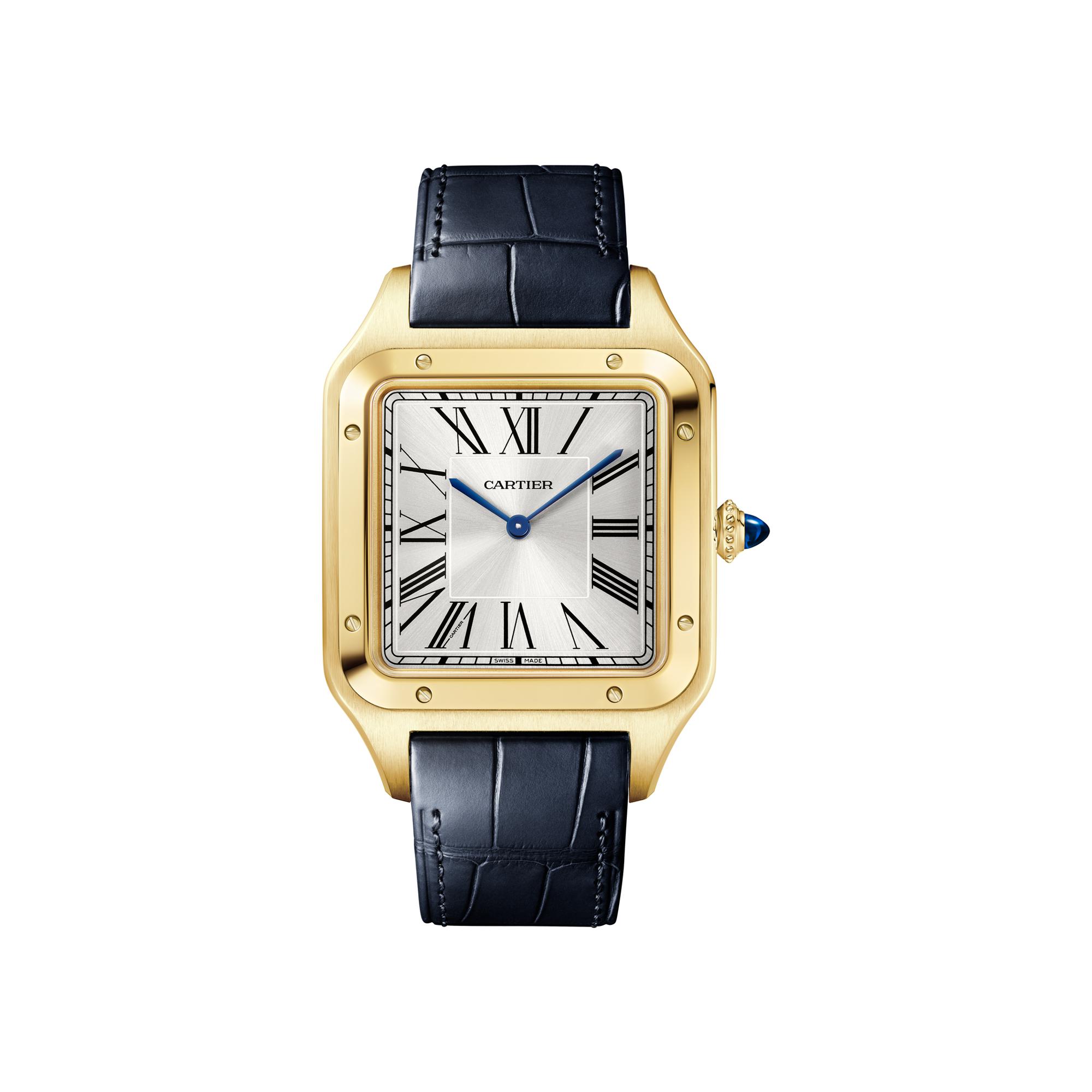 Montre Santos-Dumont de Cartier Modèle extra-large, mouvement mécanique manuel, or jaune, cuir