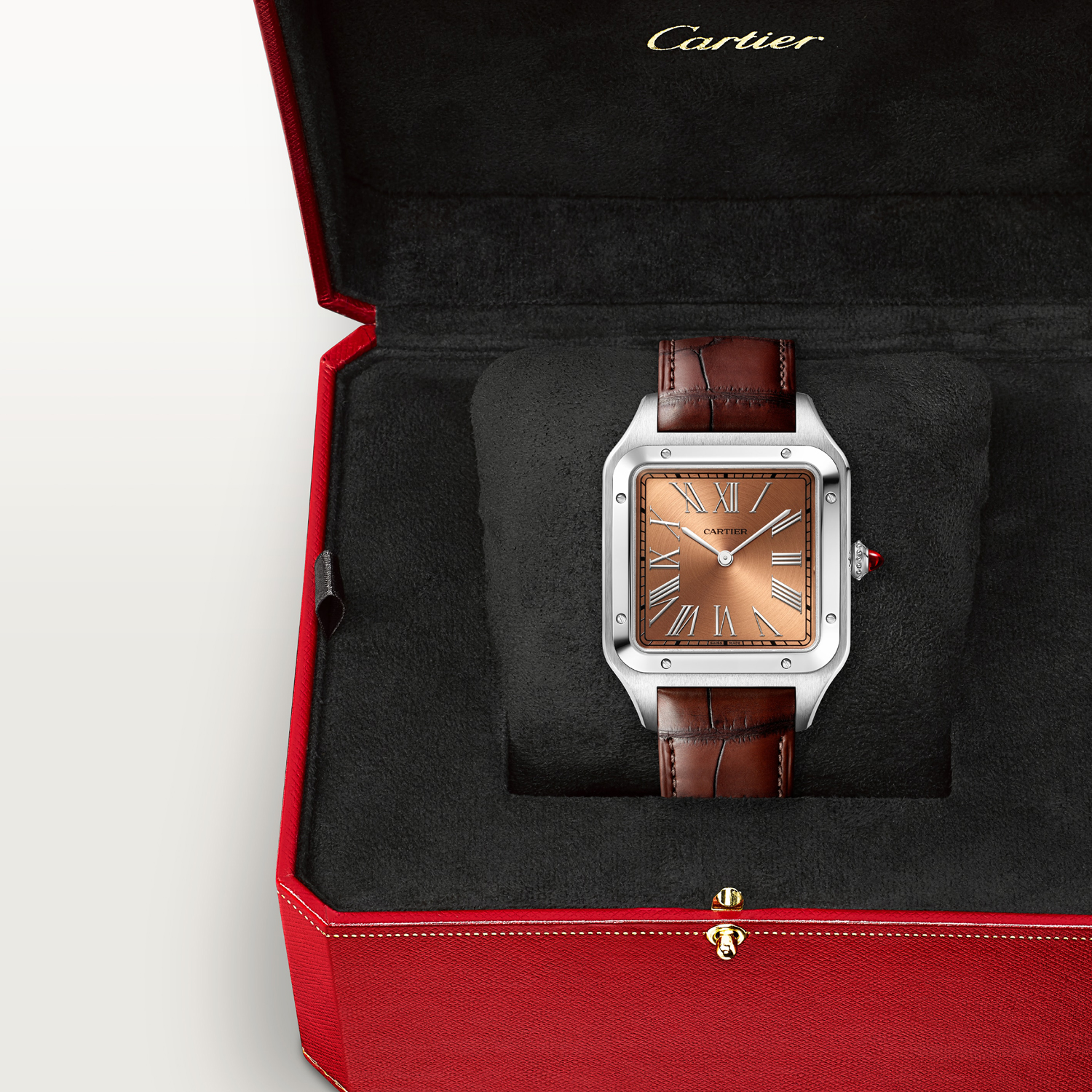 Montre Santos-Dumont de Cartier Modèle extra-large, mouvement mécanique manuel, platine, cuir