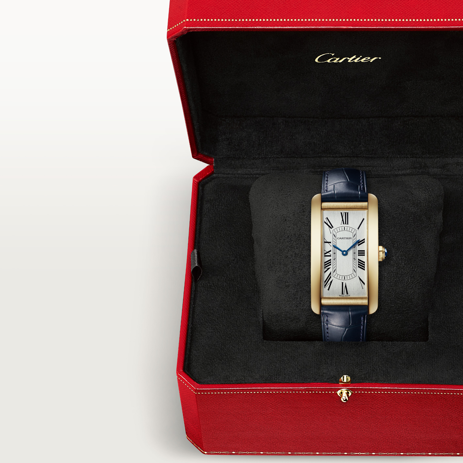 Montre Tank Américaine de Cartier Grand modèle, mouvement automatique, or jaune, cuir