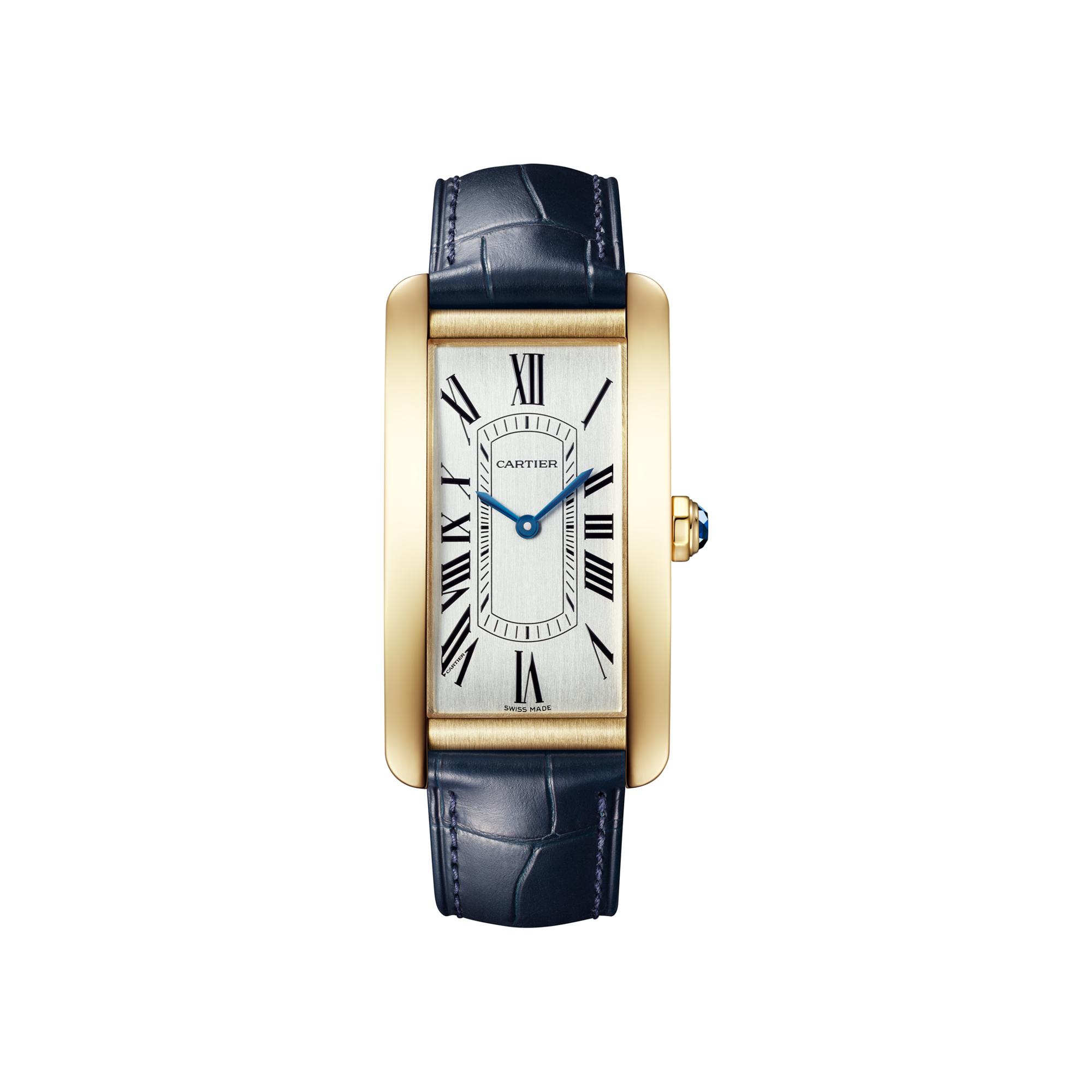 Montre Tank Américaine de Cartier Grand modèle, mouvement automatique, or jaune, cuir