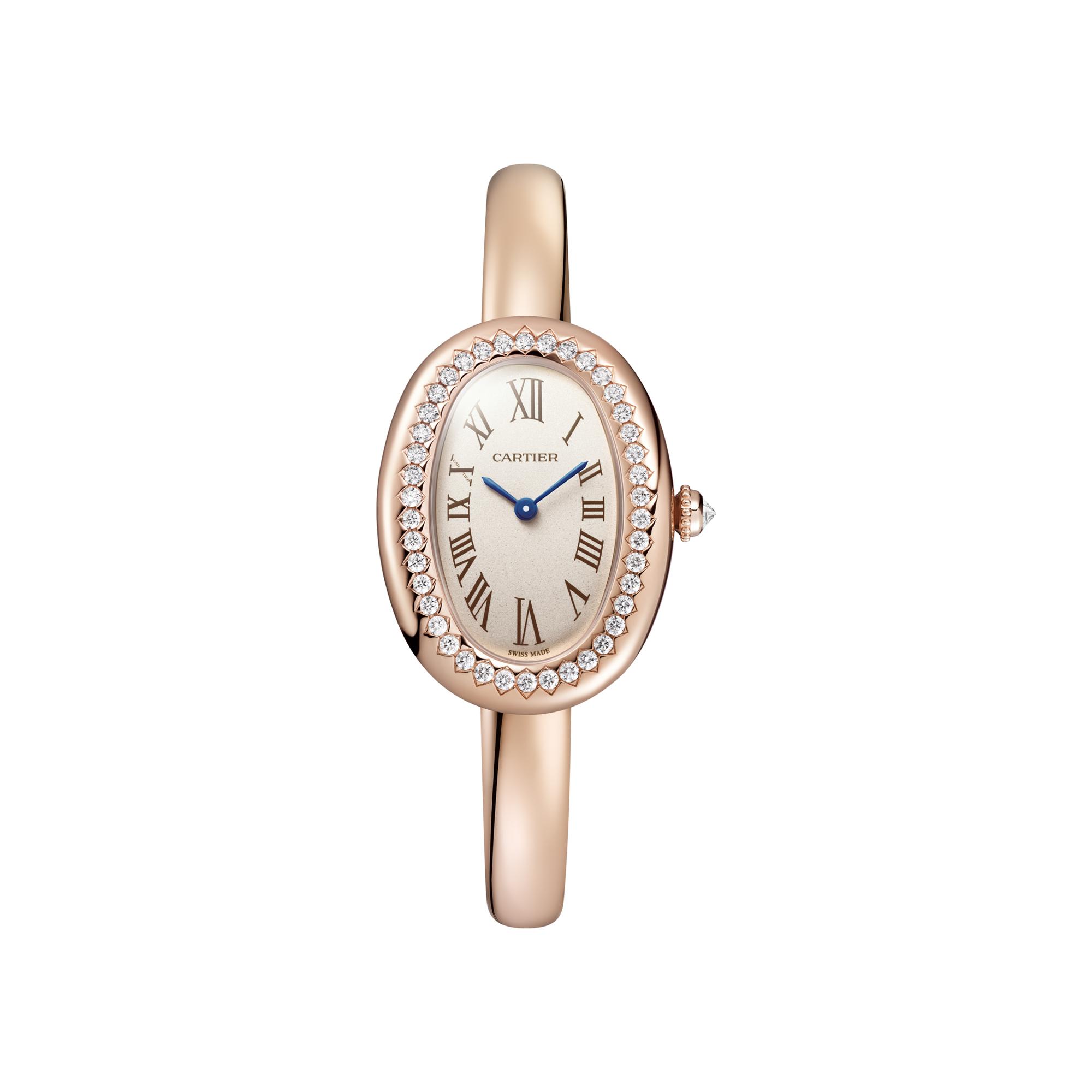 Montre Baignoire de Cartier Petit modèle, taille 17, mouvement quartz, or rose, diamants