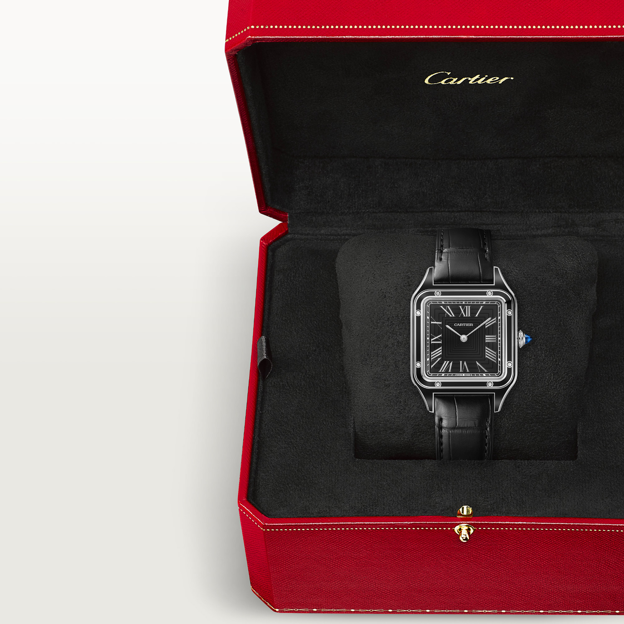 Montre Santos-Dumont Grand modèle, mouvement mécanique manuel, acier, laque, cuir