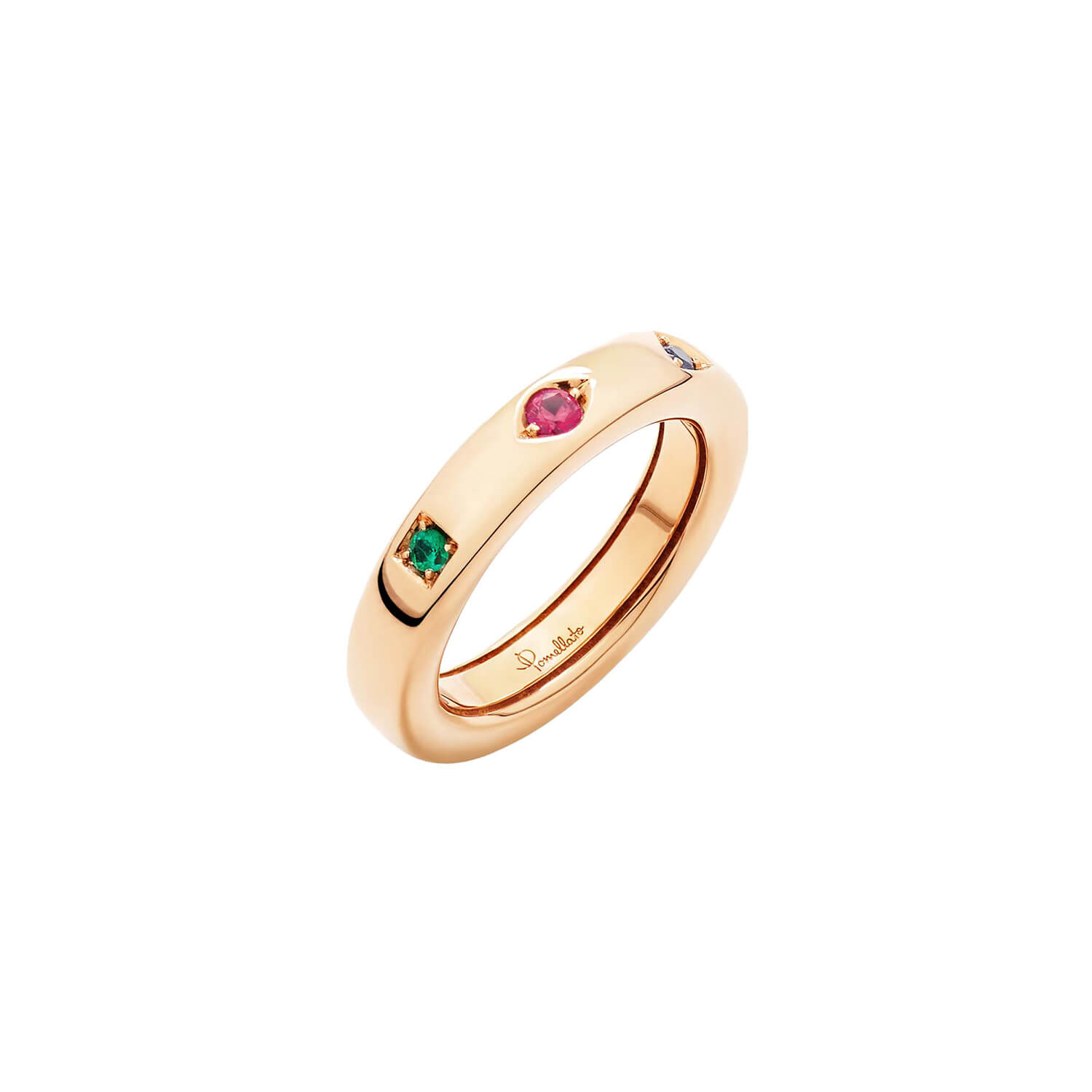 Bague Pomellato Iconica Slim en or rose avec rubis, saphir bleu et émeraude