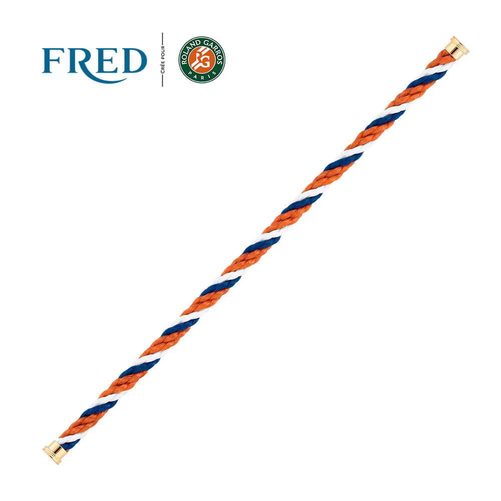 Câble FRED Roland Garros interchangeable Grand Modèle en corderie bleu blanc terracotta, embouts acier plaqué or jaune