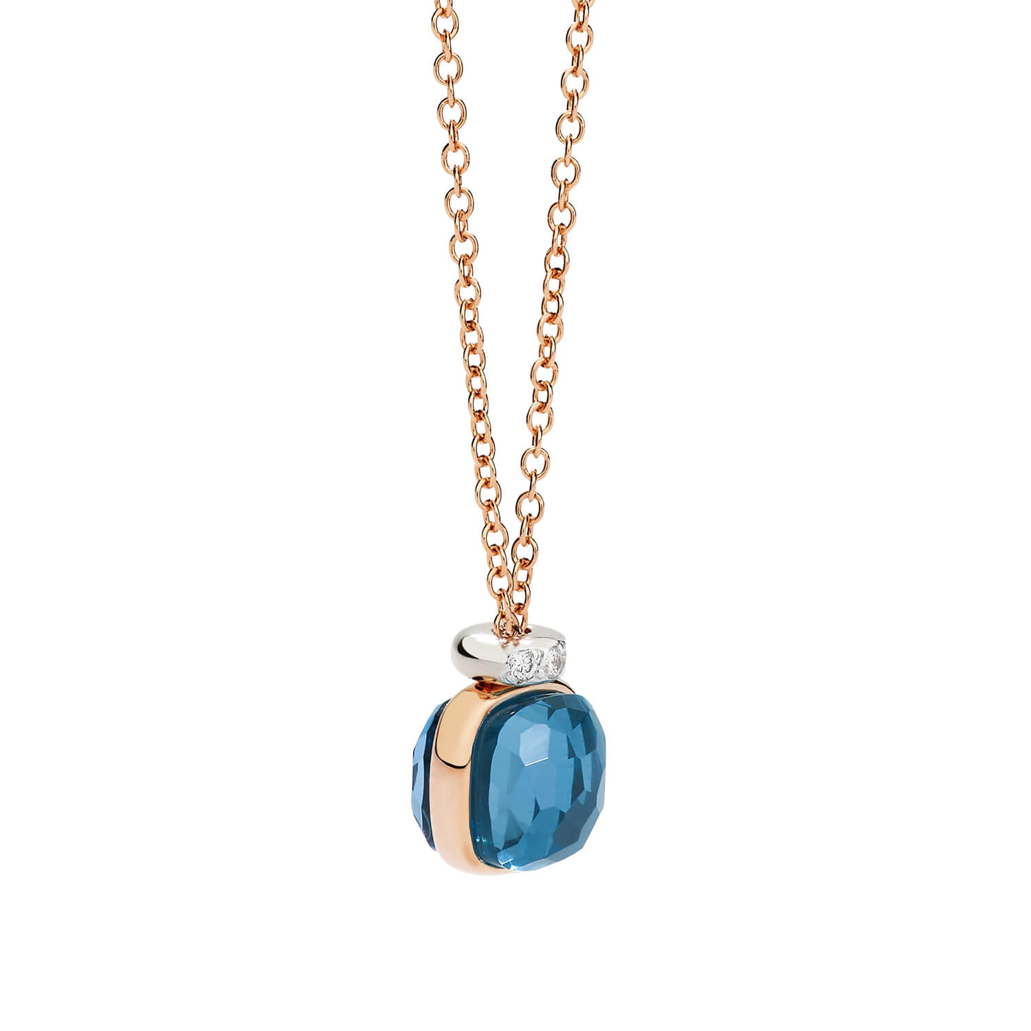 Collier Pomellato Nudo Mini en or rose, or blanc, diamants et topaze blue London