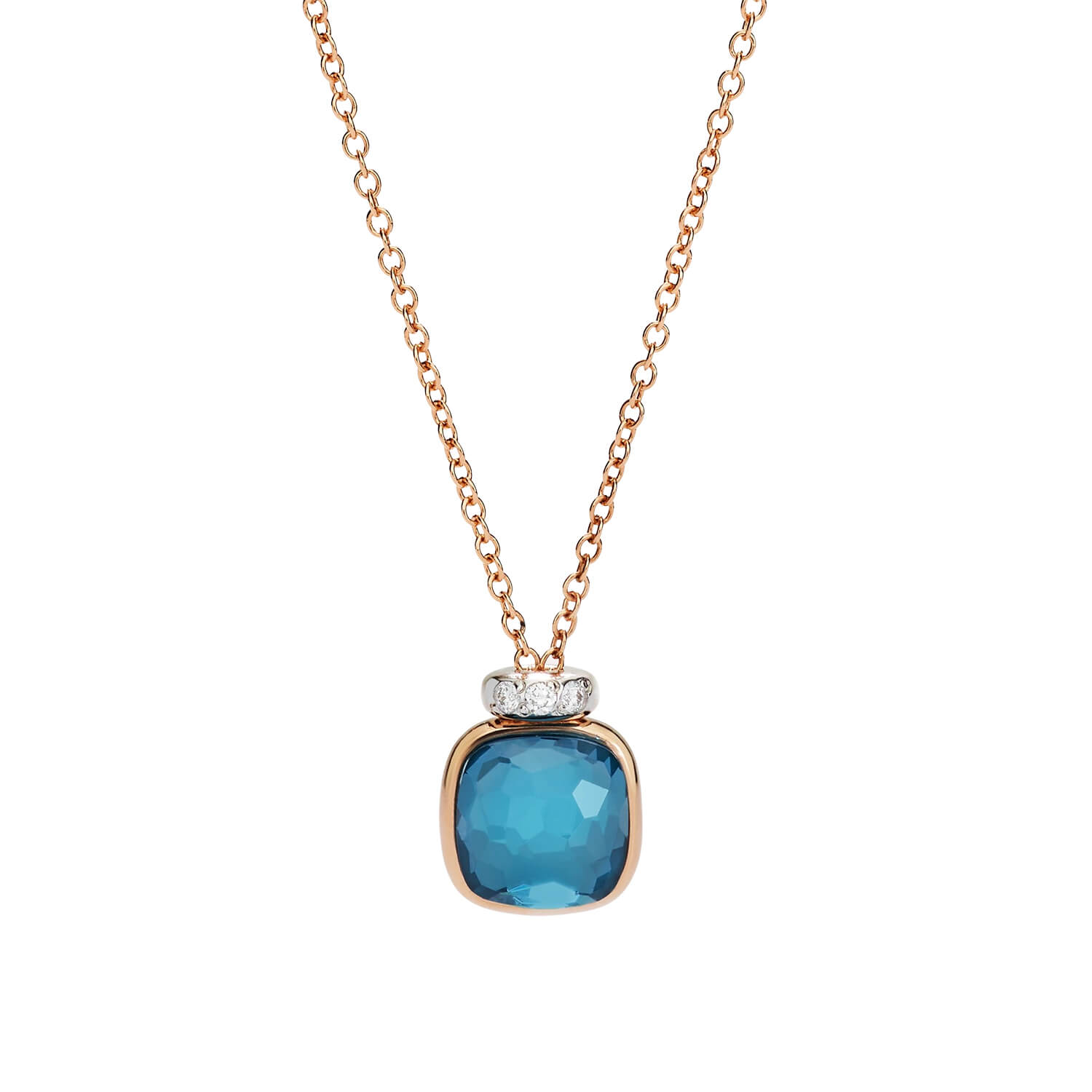 Collier Pomellato Nudo Mini en or rose, or blanc, diamants et topaze blue London