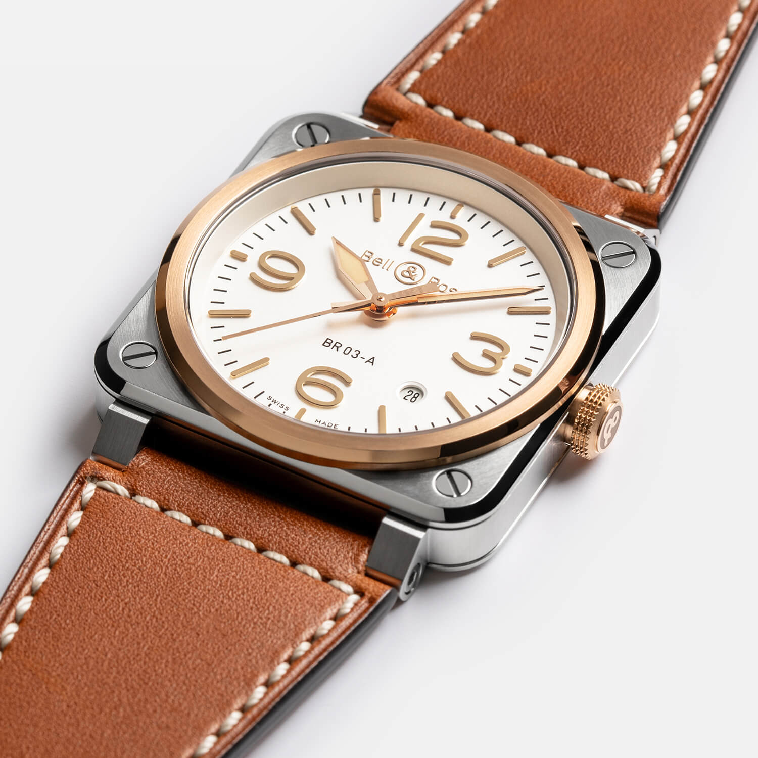 Montre Bell & Ross BR-03 White Steel and Gold cadran Noir bracelet Cuir BR03A-WH-STPG/SCA