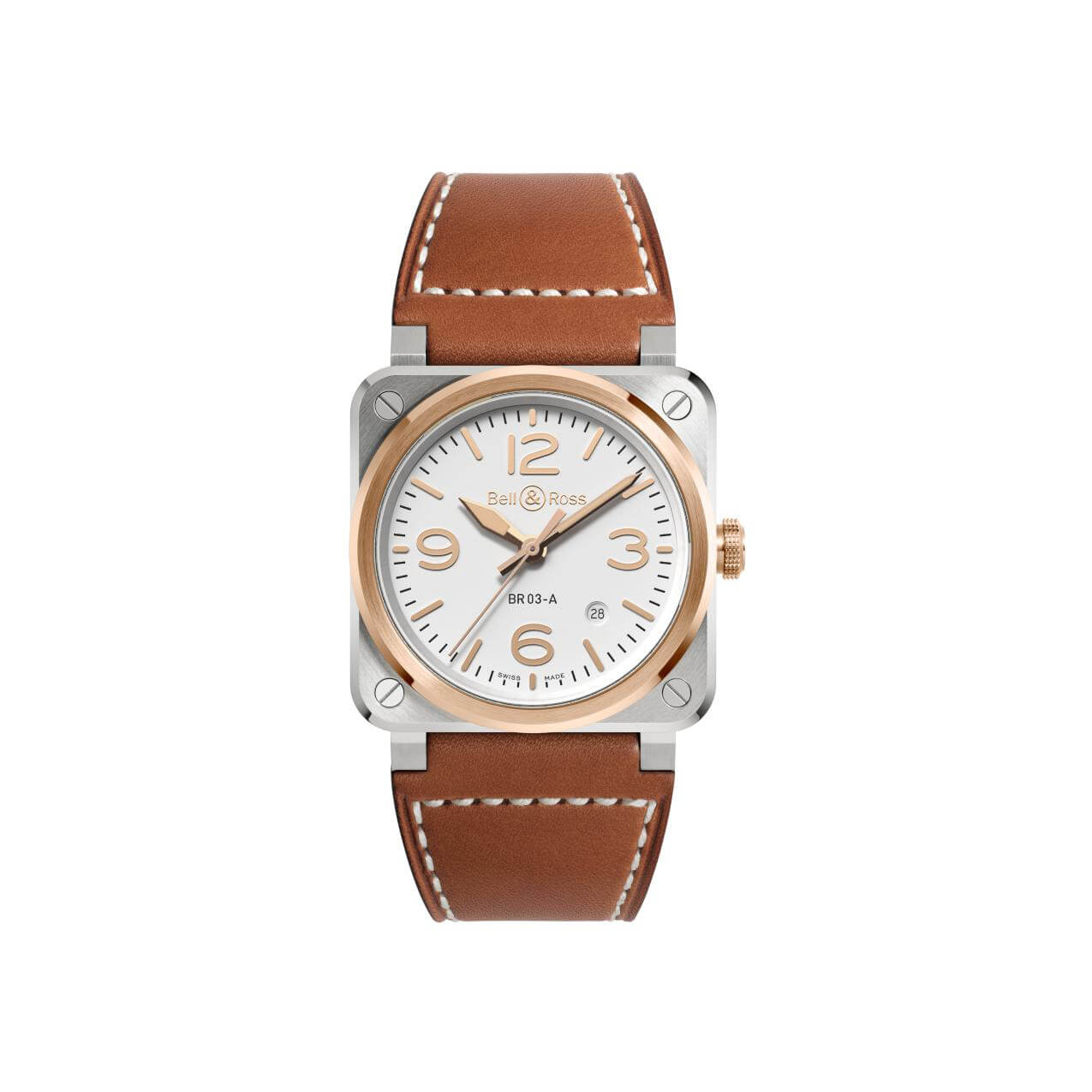 Montre Bell & Ross BR-03 White Steel and Gold cadran Noir bracelet Cuir BR03A-WH-STPG/SCA