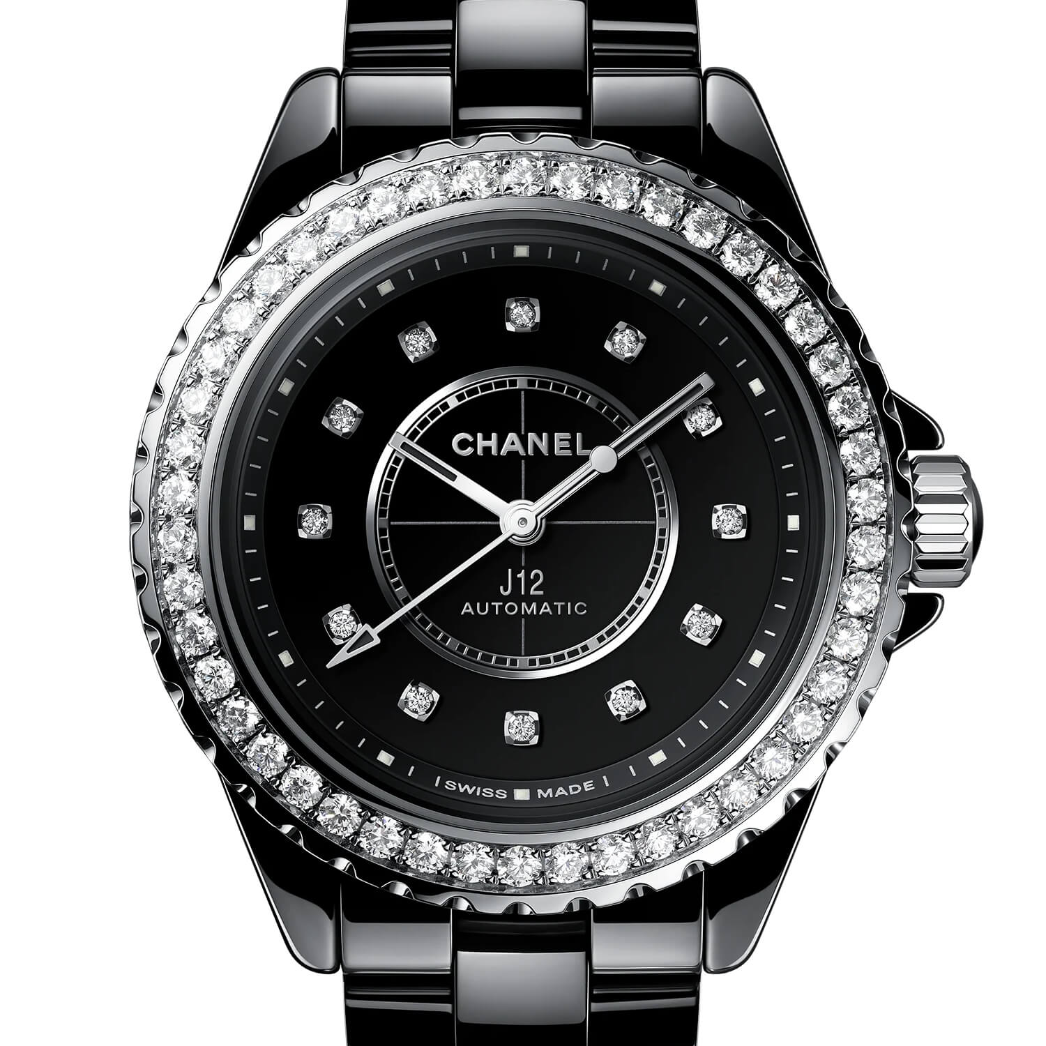 Montre CHANEL J12 Lunette de Diamants Calibre 12.2, 33mm cadran Noir bracelet Céramique H10474