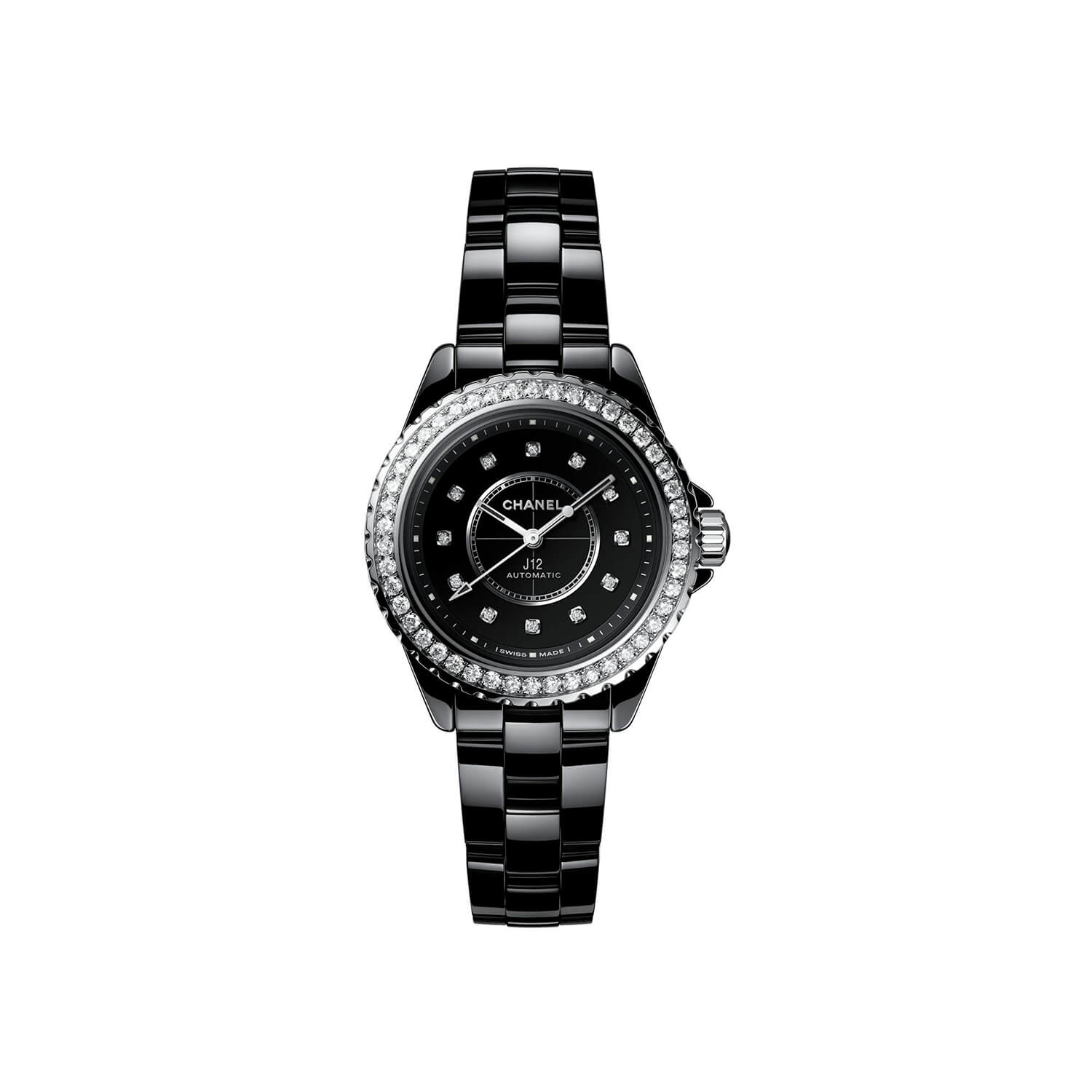 Montre CHANEL J12 Lunette de Diamants Calibre 12.2, 33mm cadran Noir bracelet Céramique H10474