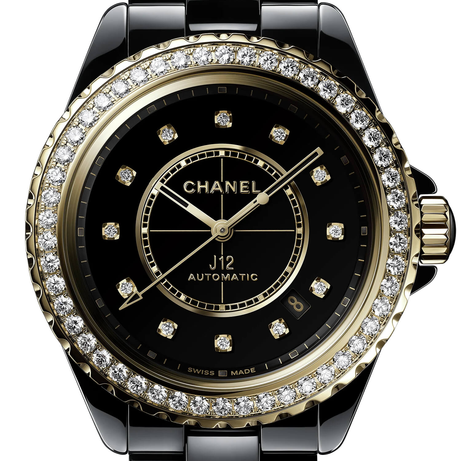 Montre CHANEL J12 Lunette de Diamants Calibre 12.1, 38mm cadran Noir bracelet Céramique H9837