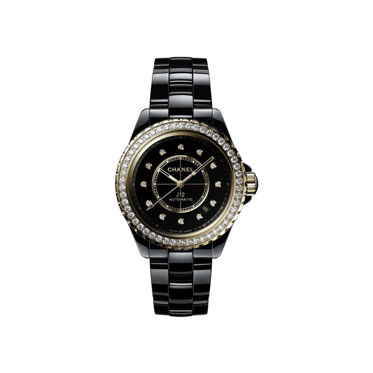 Montre CHANEL J12 Lunette de Diamants Calibre 12.1, 38mm cadran Noir bracelet Céramique H9837