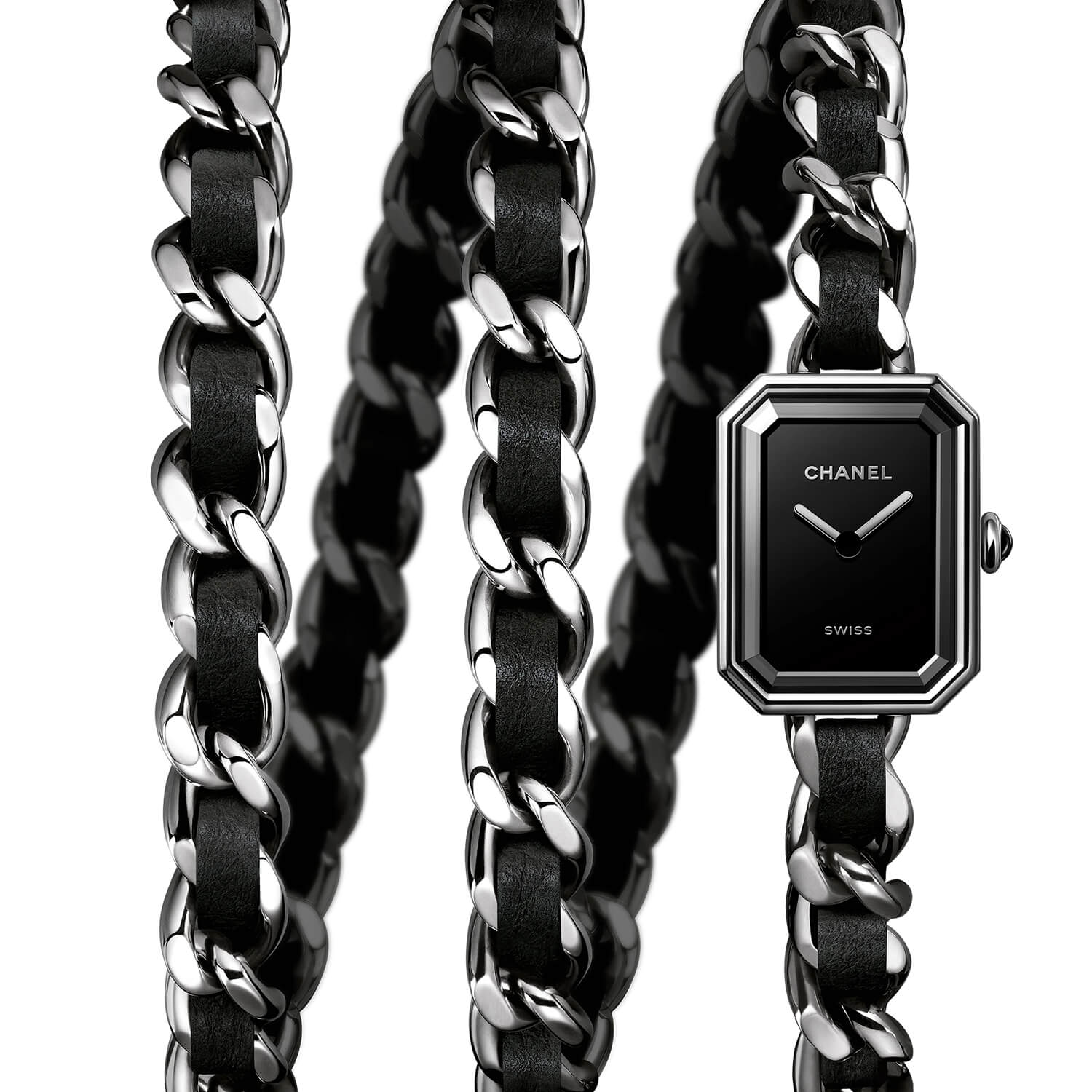 Montre CHANEL PREMIÈRE CHAÎNE ICONIQUE cadran Noir bracelet Acier/Cuir H7023