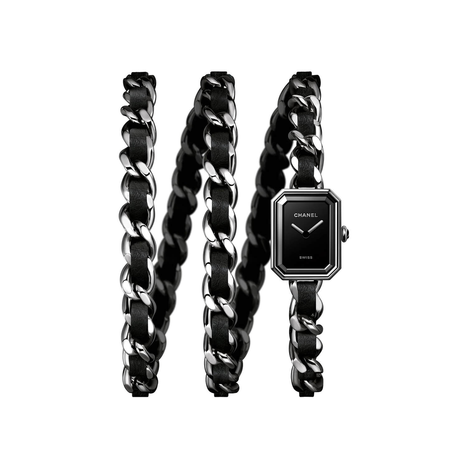 Montre CHANEL PREMIÈRE CHAÎNE ICONIQUE cadran Noir bracelet Acier/Cuir H7023