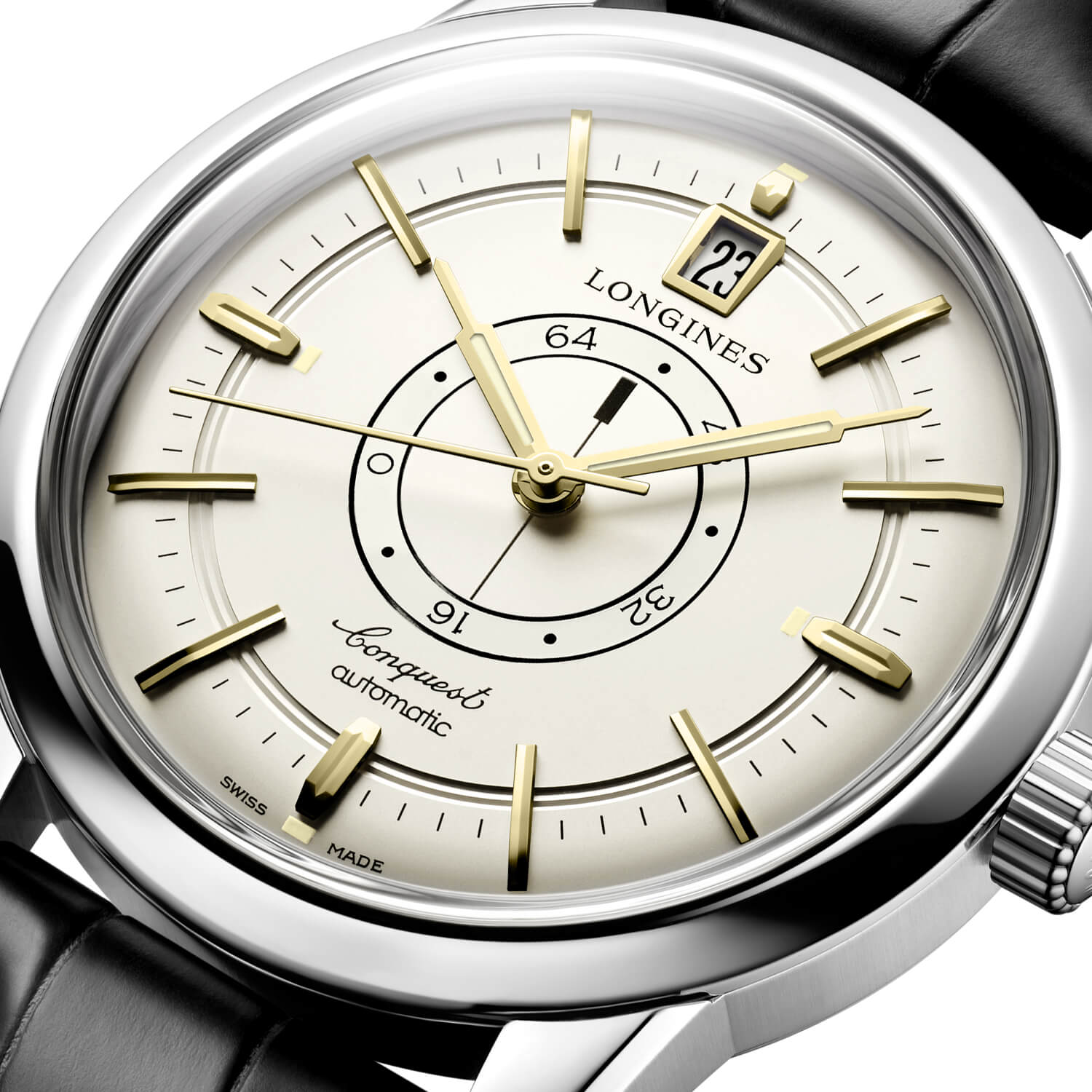Montre Longines Conquest Heritage Central Power Reserve L1.648.4.78.2 cadran Champagne bracelet Cuir d'alligator L1.648.4.78.2