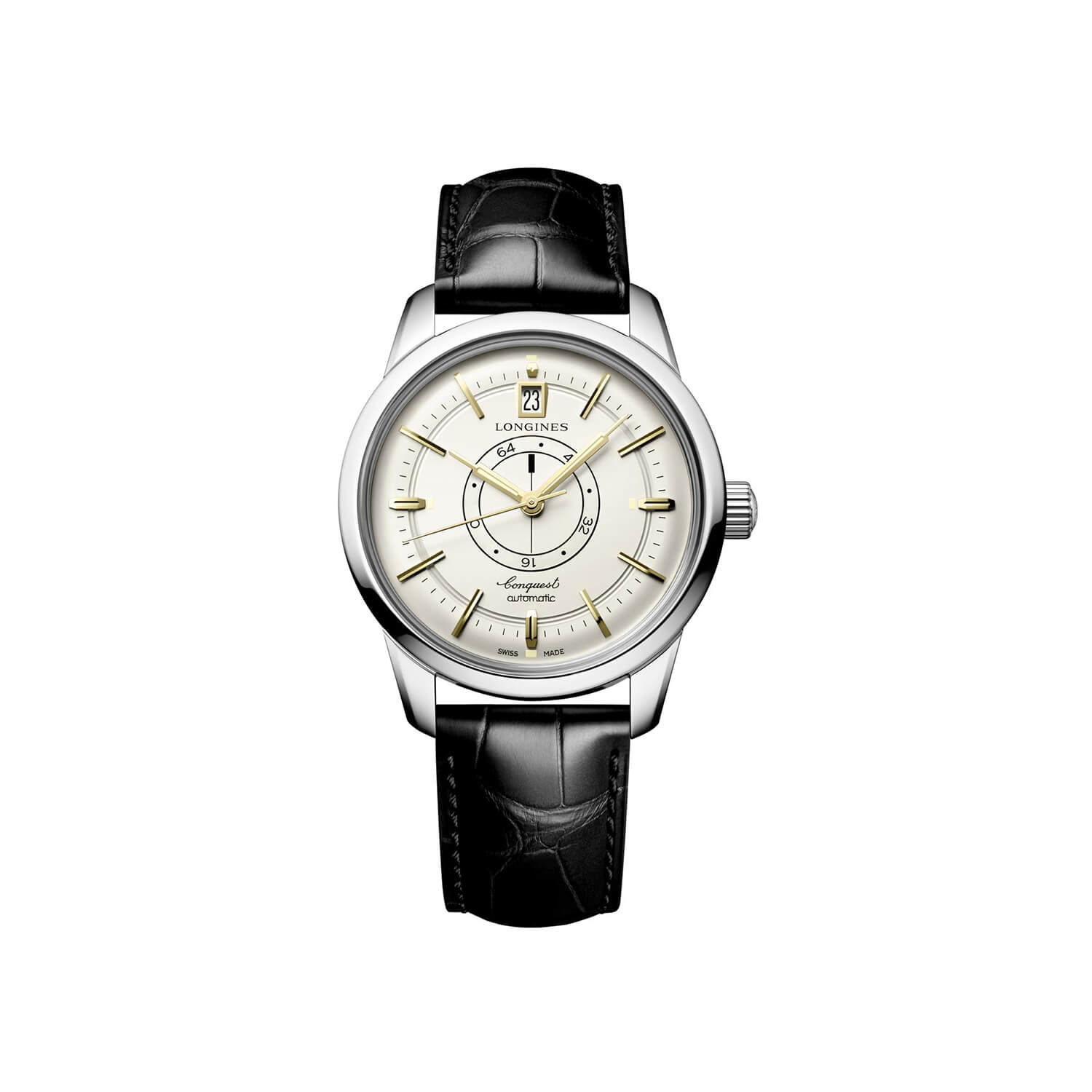 Montre Longines Conquest Heritage Central Power Reserve L1.648.4.78.2 cadran Champagne bracelet Cuir d'alligator L1.648.4.78.2