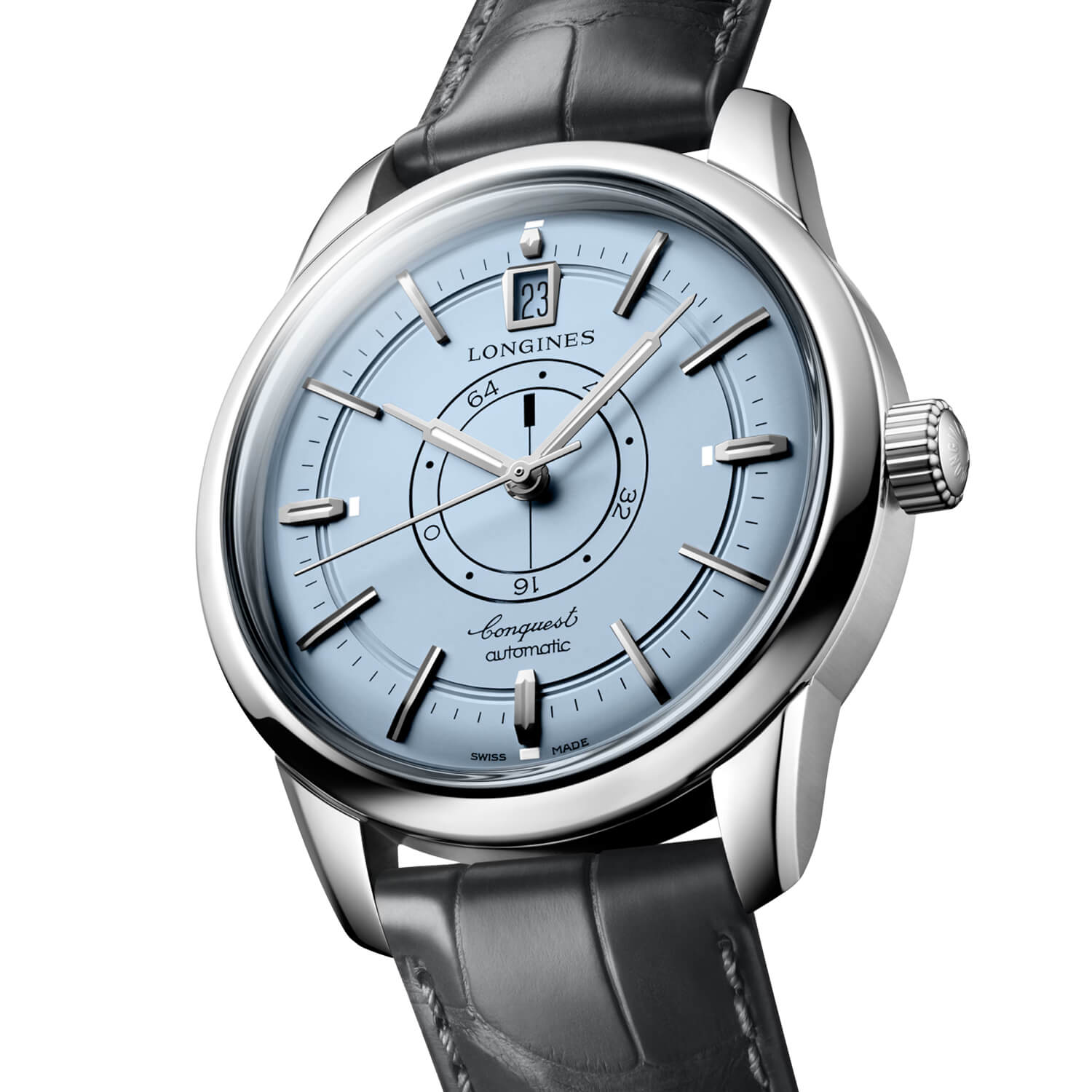 Montre Longines Conquest Heritage Central Power Reserve L1.648.4.92.2 cadran Bleu bracelet Cuir d'alligator L1.648.4.92.2