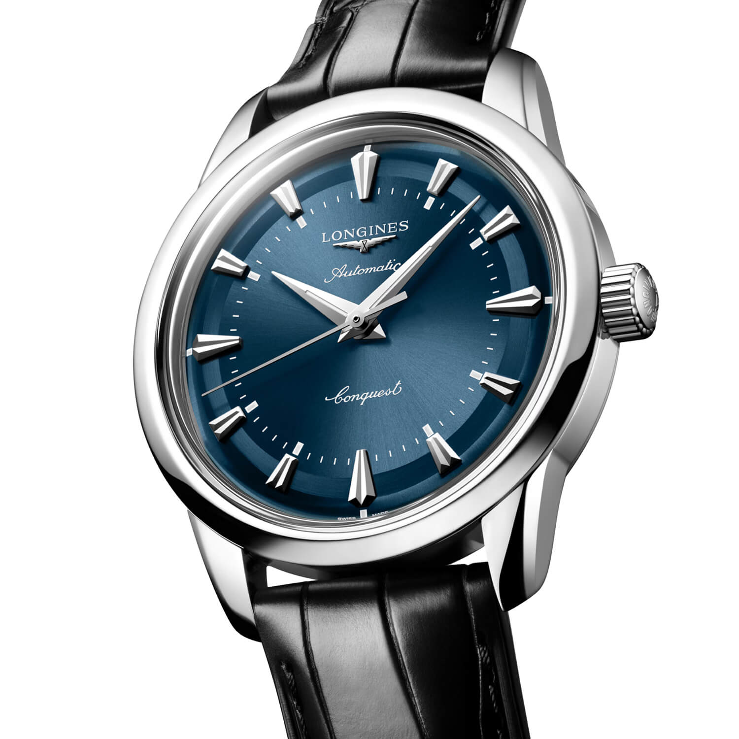 Montre Longines Conquest Heritage 38mm L1.649.4.92.2 cadran Bleu bracelet Cuir d'alligator L1.649.4.92.2