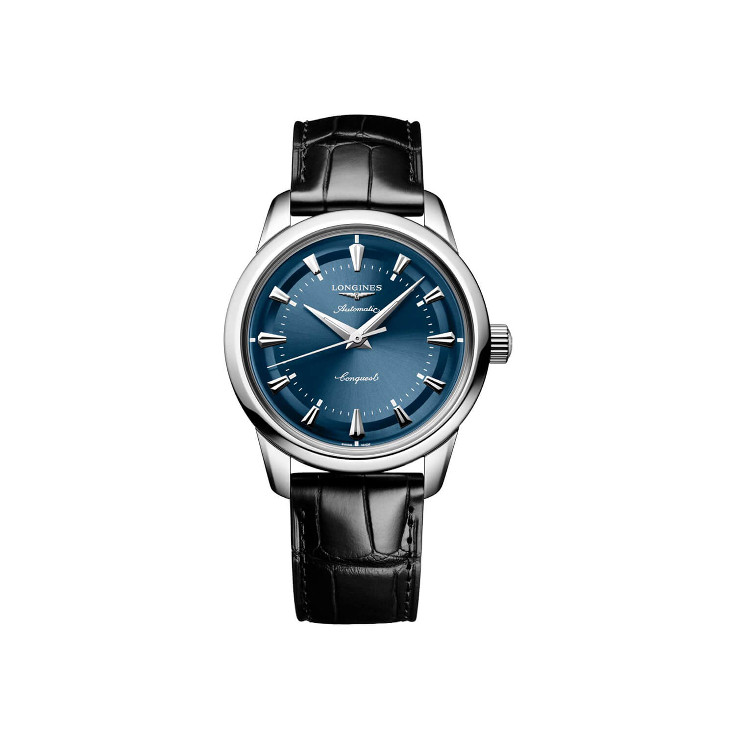 Montre Longines Conquest Heritage 38mm L1.649.4.92.2 cadran Bleu bracelet Cuir d'alligator L1.649.4.92.2