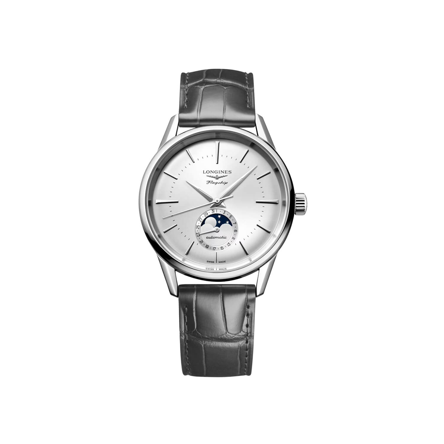 Montre Longines Flagship Heritage L4.815.4.72.2 cadran Argent bracelet Cuir d'alligator L4.815.4.72.2