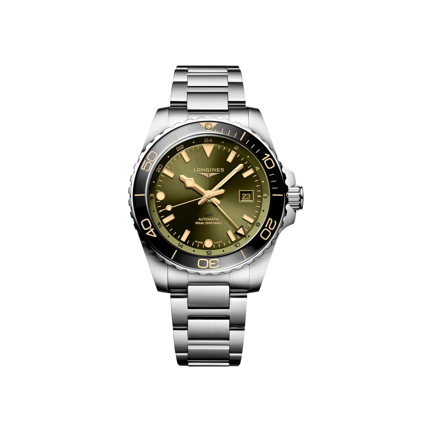 Montre Longines HydroConquest GMT 43mm L3.890.4.06.6 cadran Vert bracelet Acier L3.890.4.06.6