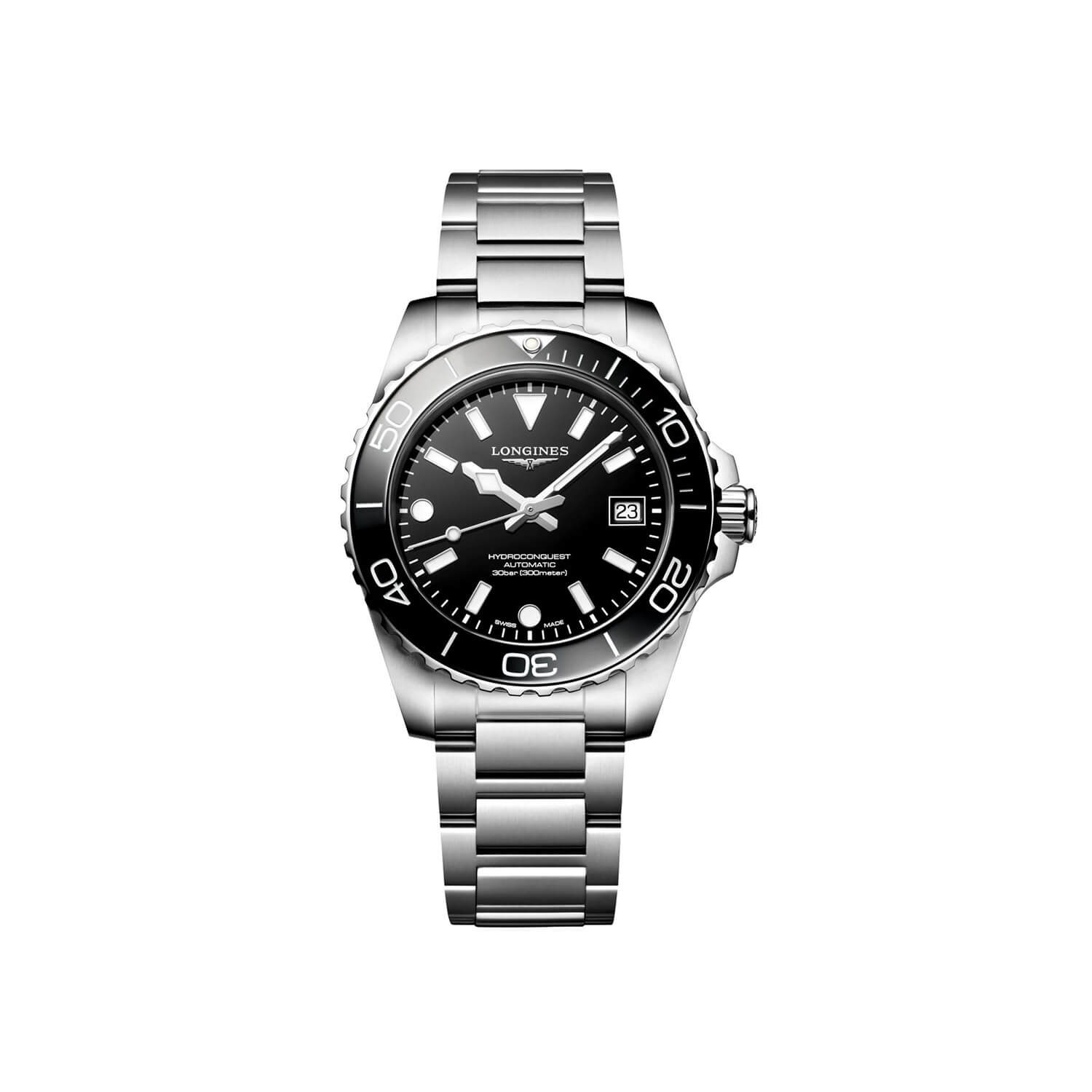 Montre Longines HydroConquest 39mm L3.779.4.56.6 cadran Noir bracelet Acier L3.779.4.56.6