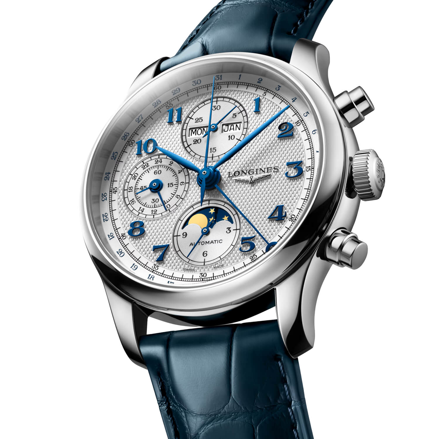 Montre Longines Master Collection Chrono Moonphase L2.962.4.73.2 cadran Argent bracelet Cuir d'alligator L2.962.4.73.2