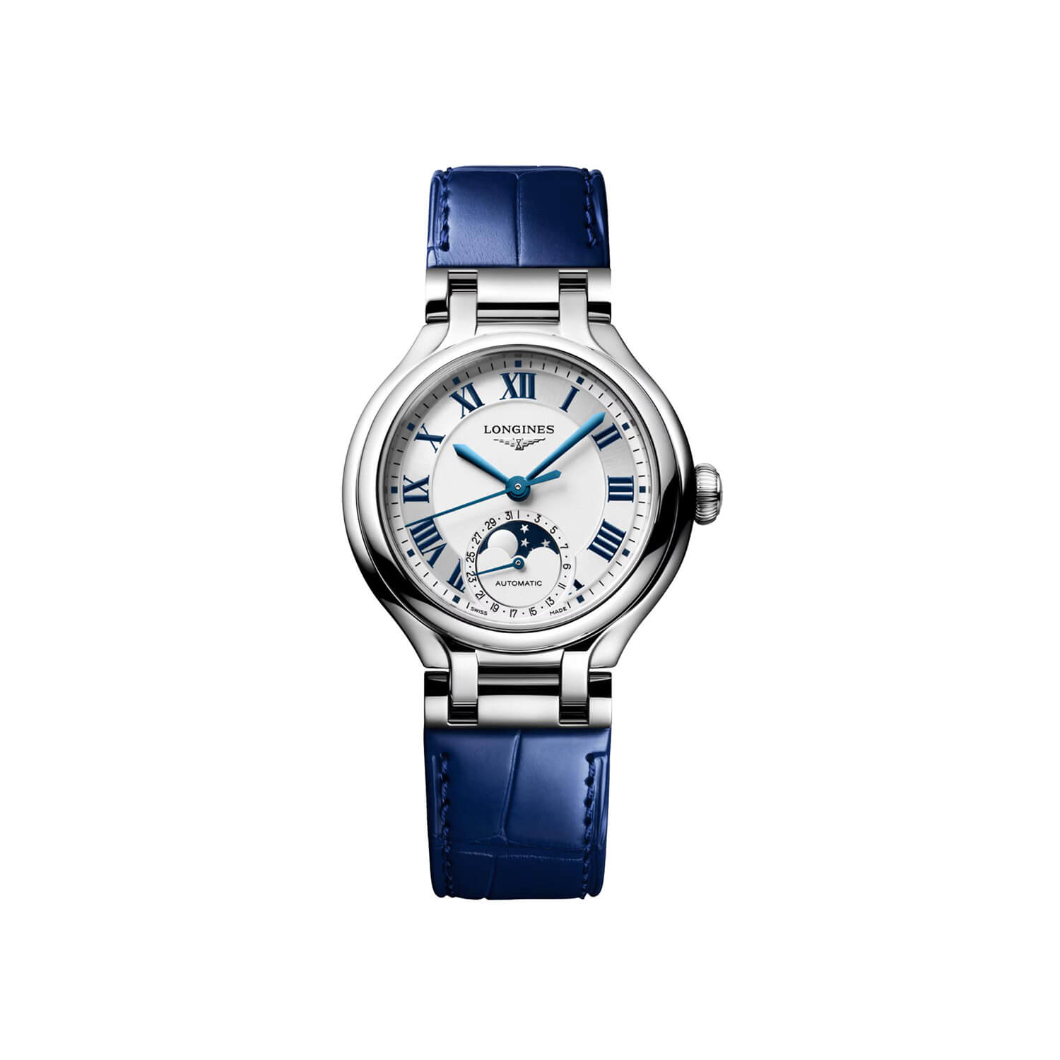 Montre Longines PrimaLuna Moonphase L8.126.4.71.2 cadran Argent bracelet Cuir d'alligator L8.126.4.71.2