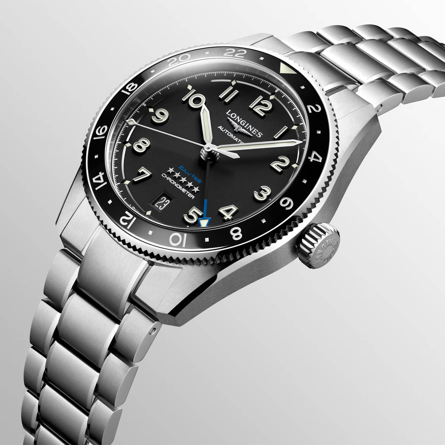 Montre Longines Spirit Zulu Time L3.802.4.53.6 cadran Noir bracelet Acier L3.802.4.53.6