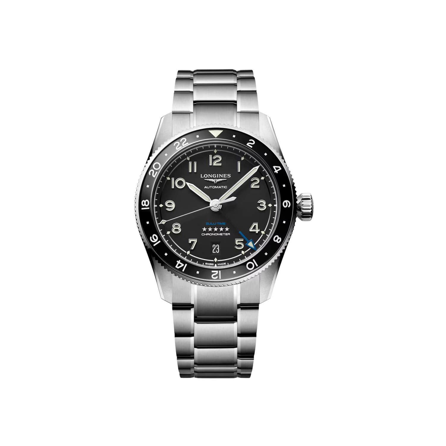 Montre Longines Spirit Zulu Time L3.802.4.53.6 cadran Noir bracelet Acier L3.802.4.53.6