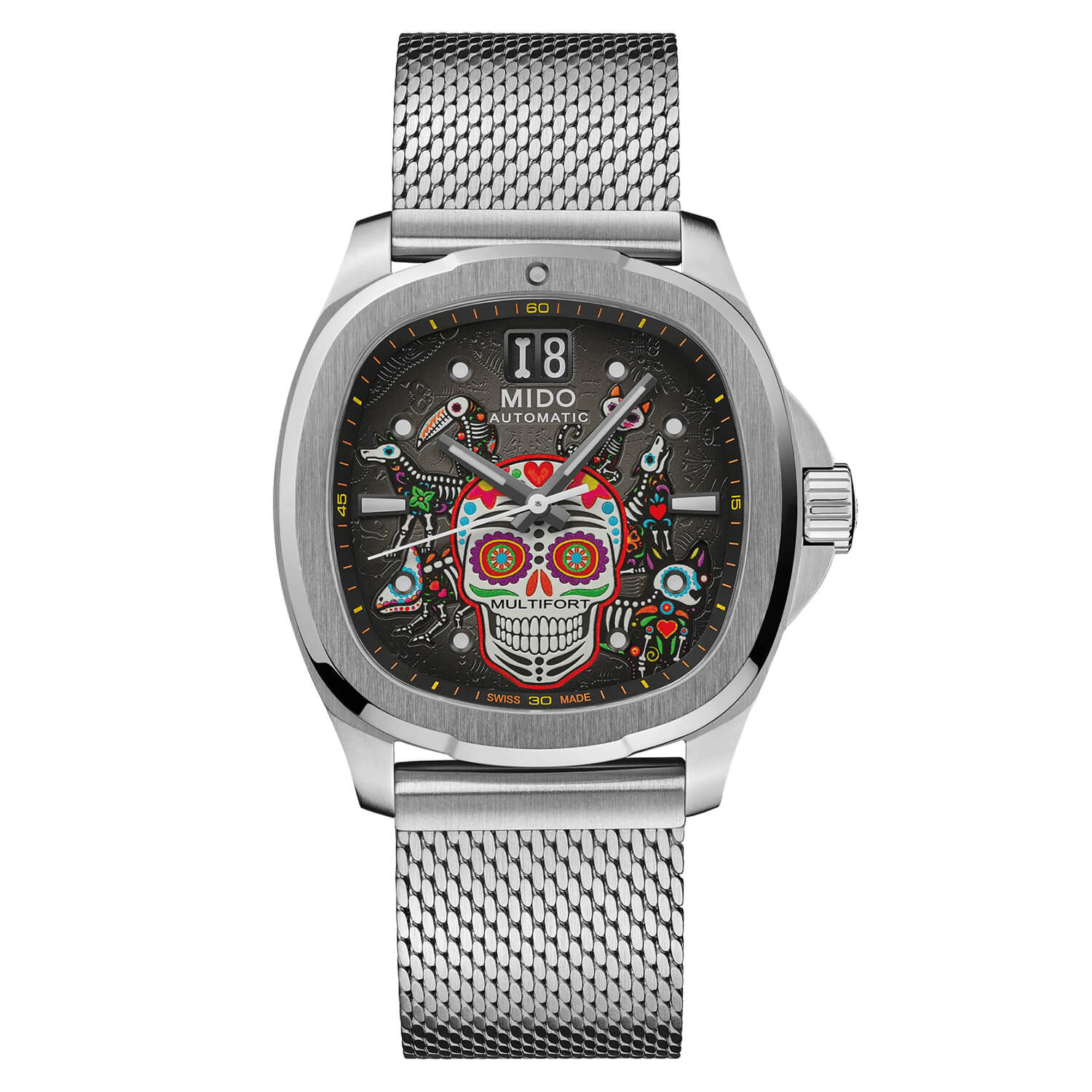 Montre Mido Multifort TV Big Date Alebrijes Édition Spéciale M049.526.11.081.02 cadran Gris bracelet Acier/Caoutchouc M049.526.11.081.02