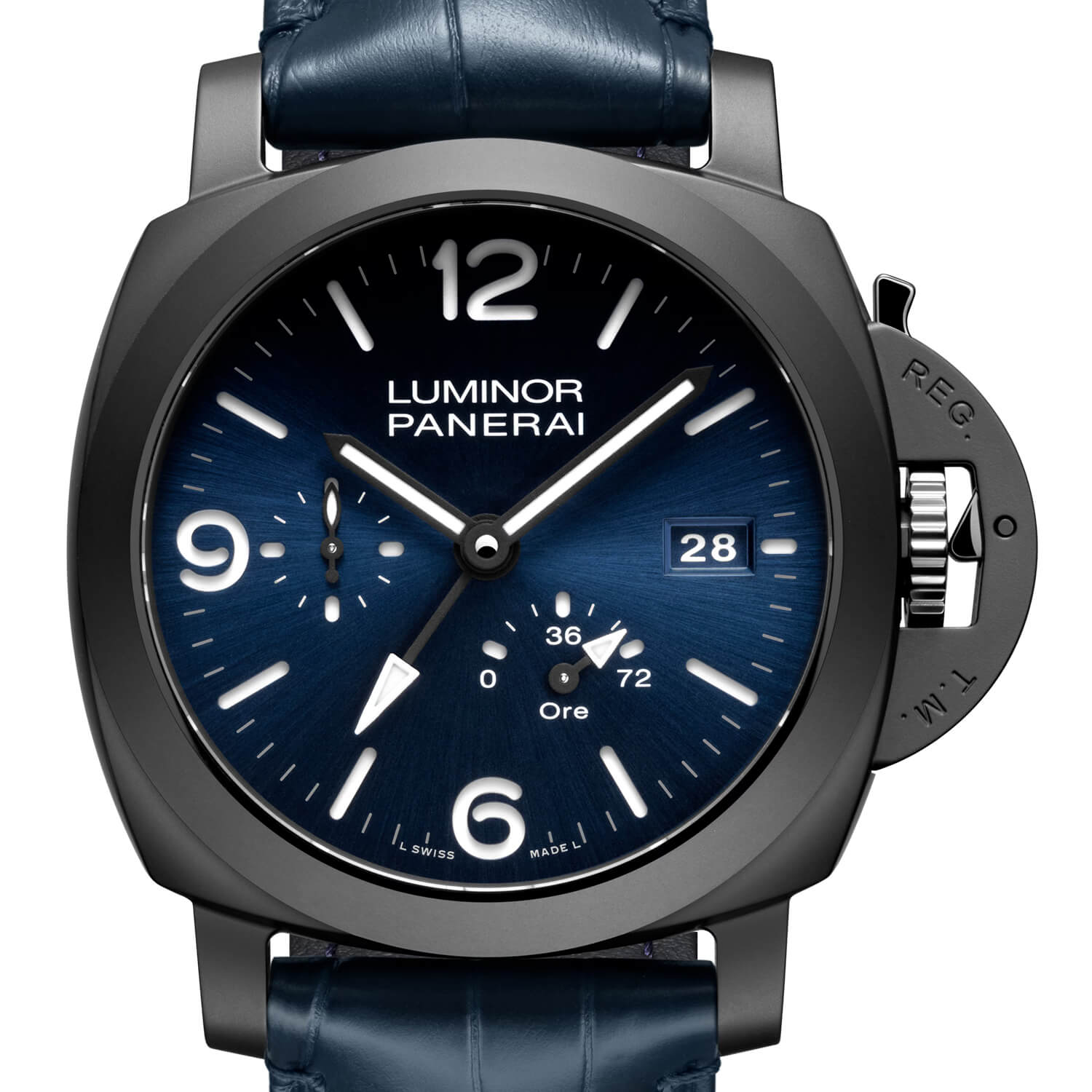 Montre Panerai Luminor GMT Power Reserve Ceramica 44mm cadran Bleu bracelet Caoutchouc/Cuir d'alligator PAM01574