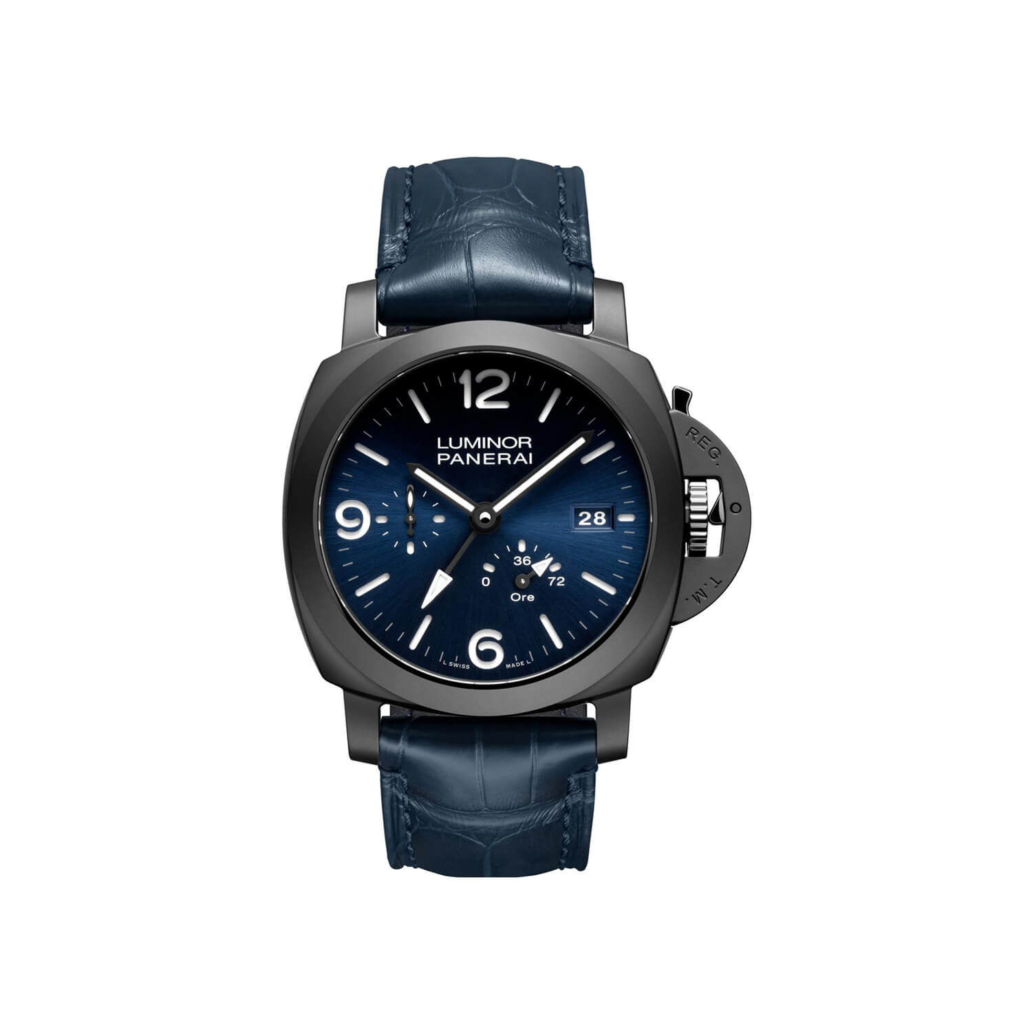 Montre Panerai Luminor GMT Power Reserve Ceramica 44mm cadran Bleu bracelet Caoutchouc/Cuir d'alligator PAM01574