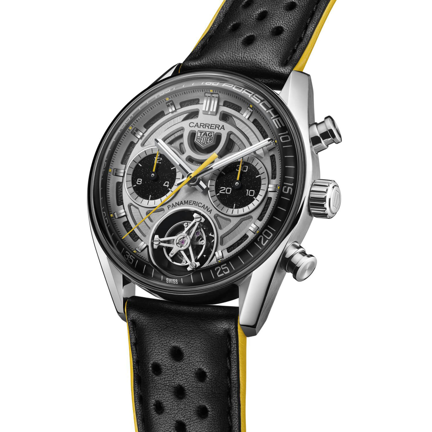 Montre TAG Heuer Carrera Chronograph Tourbillon x Porsche Panamericana Édition Limitée cadran Argent bracelet Cuir CBS5012.FC6571