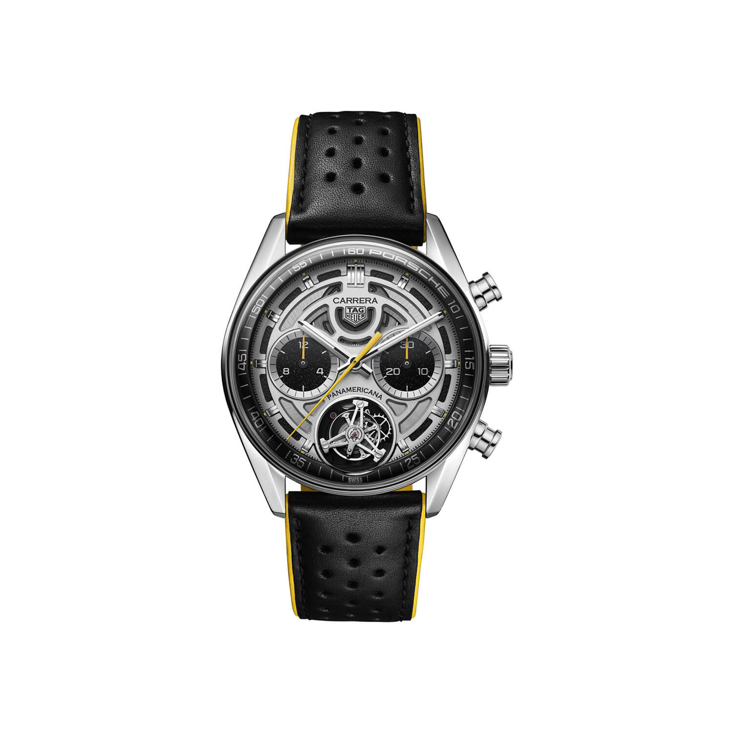 Montre TAG Heuer Carrera Chronograph Tourbillon x Porsche Panamericana Édition Limitée cadran Argent bracelet Cuir CBS5012.FC6571