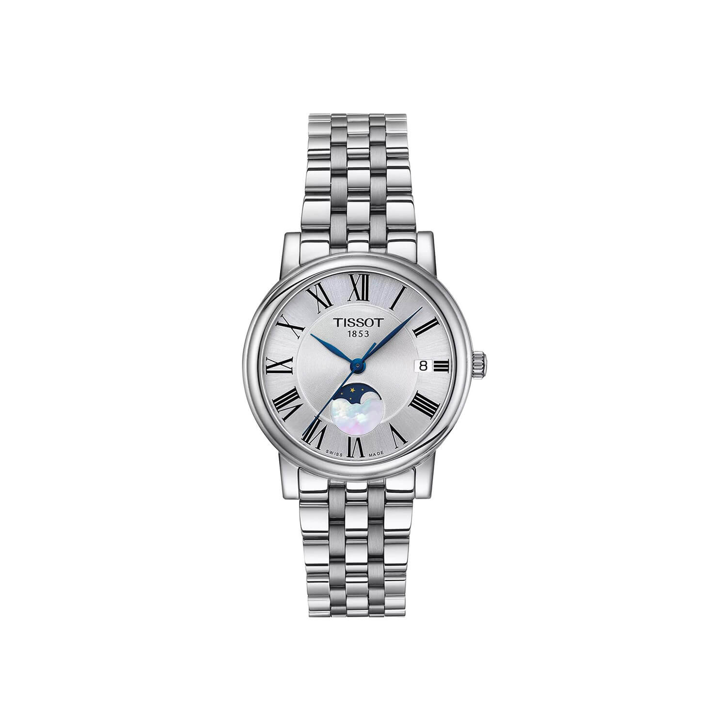 Montre Tissot Carson Premium Lady Moonphase cadran Argent bracelet Acier T122.223.11.033.00