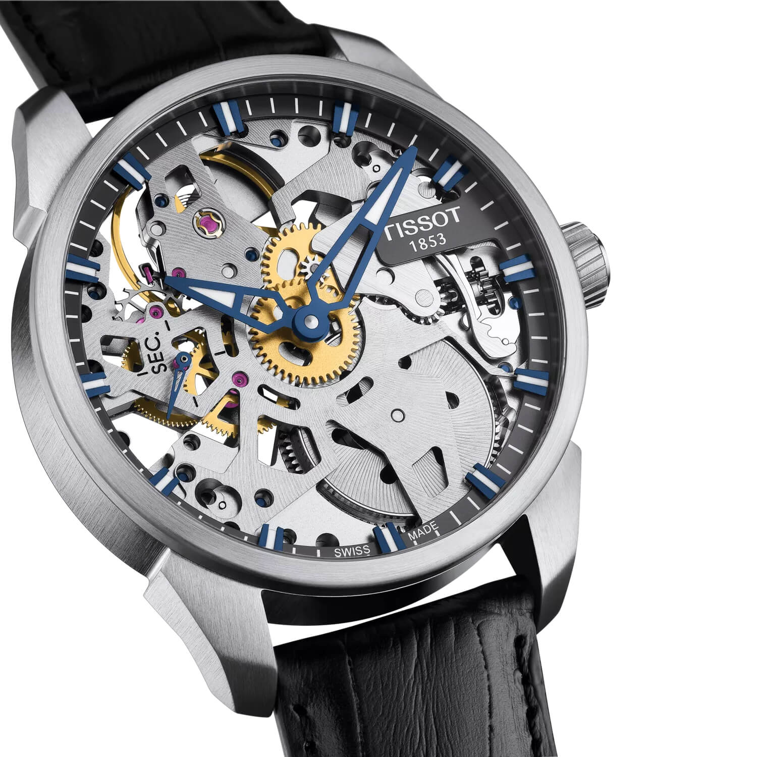 Montre Tissot T-Complication Squelette Mechanical cadran Argent bracelet Cuir façon crocodile T070.405.16.411.00