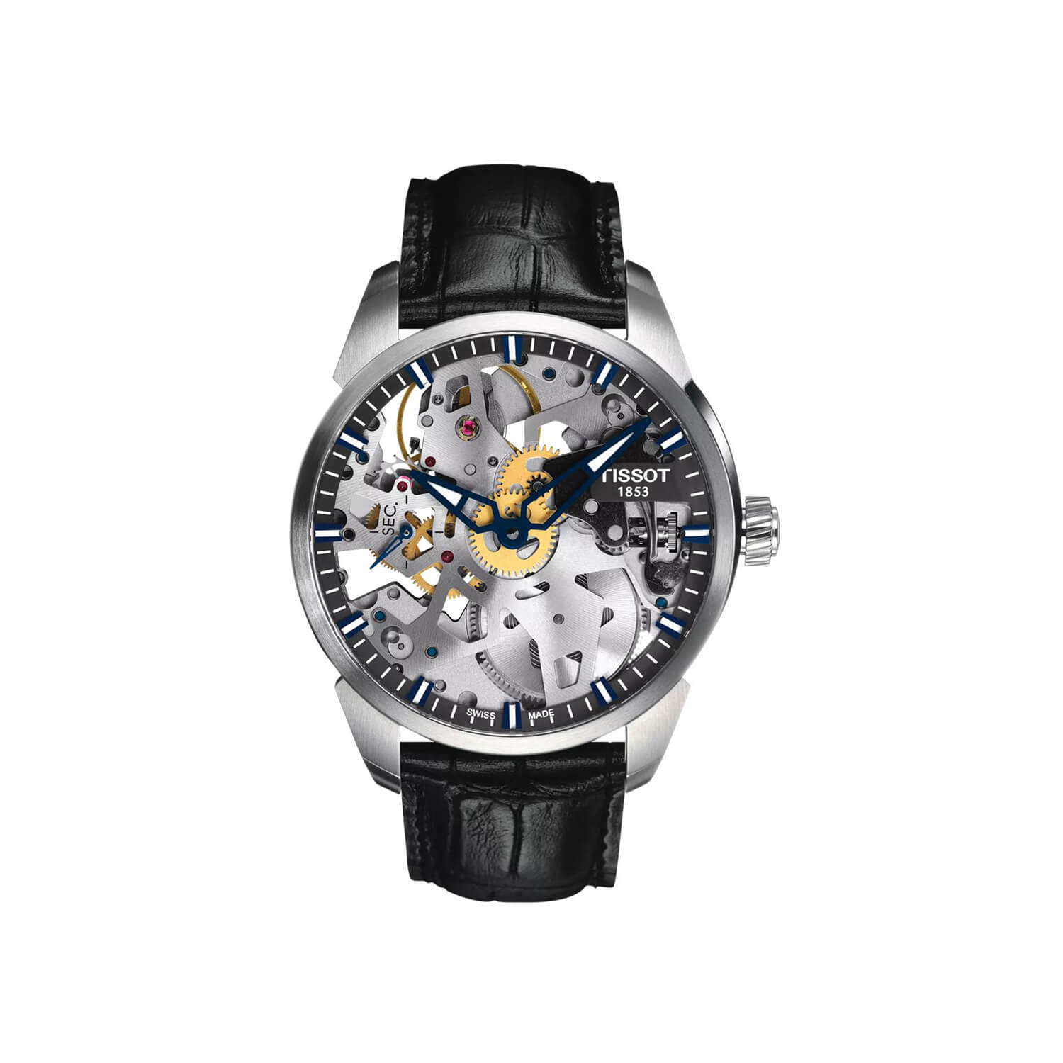 Montre Tissot T-Complication Squelette Mechanical cadran Argent bracelet Cuir façon crocodile T070.405.16.411.00