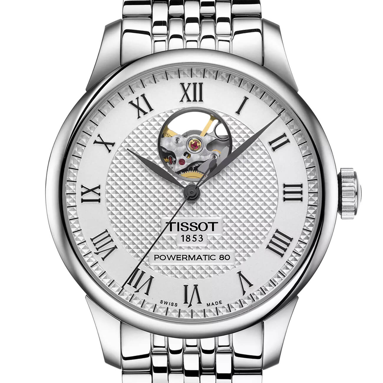 Montre Tissot Le Locle Powermatic 80 Open Heart cadran Argent bracelet Acier T006.407.11.033.02