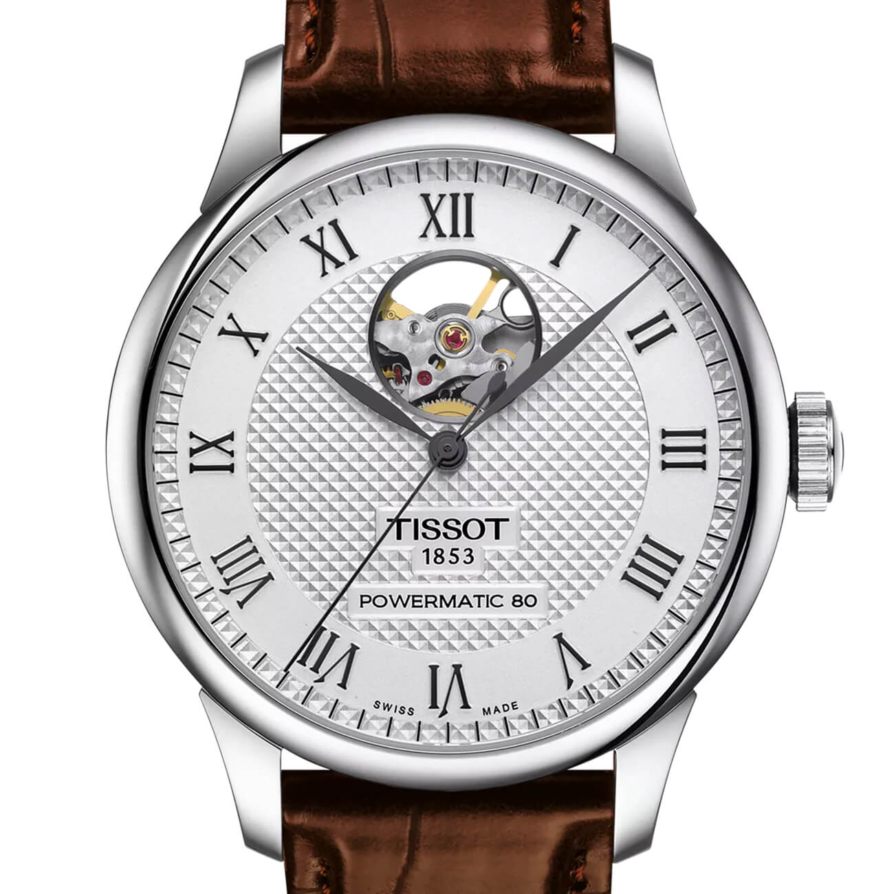 Montre Tissot Le Locle Powermatic 80 Open Heart cadran Argent bracelet Cuir façon crocodile T006.407.16.033.01