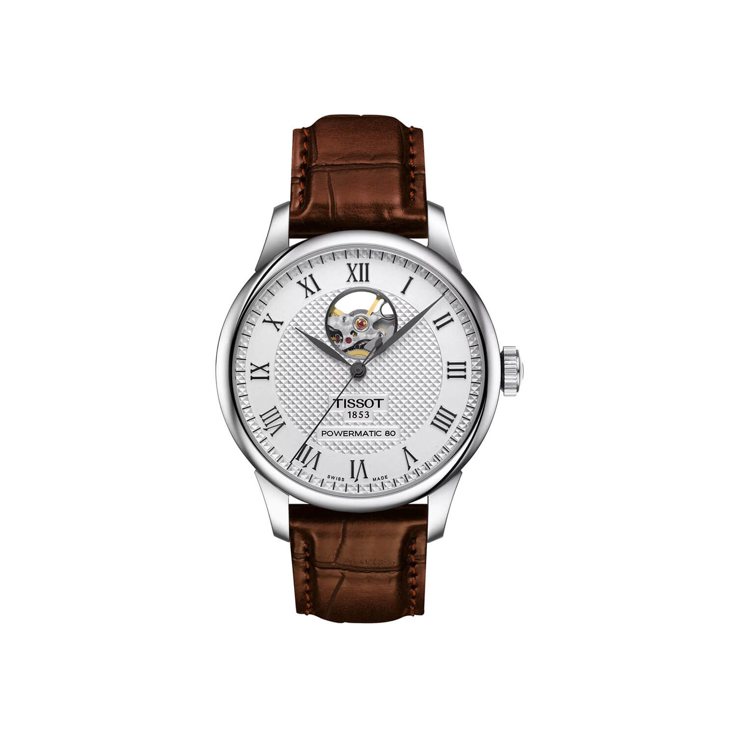 Montre Tissot Le Locle Powermatic 80 Open Heart cadran Argent bracelet Cuir façon crocodile T006.407.16.033.01