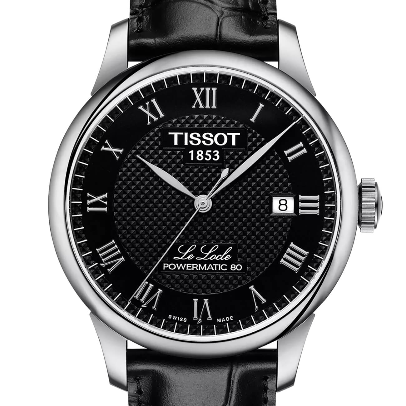 Montre Tissot Le Locle Powermatic 80 cadran Noir bracelet Cuir façon crocodile T006.407.16.053.00