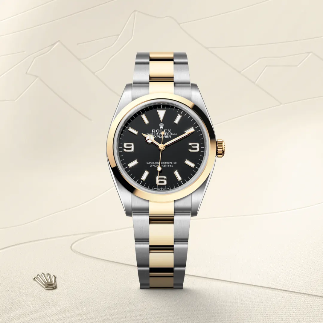 Rolex Explorer 36 en Rolesor jaune – combinaison d’acier Oystersteel et d’or jaune M124273-0001 chez Bijouterie Mornier