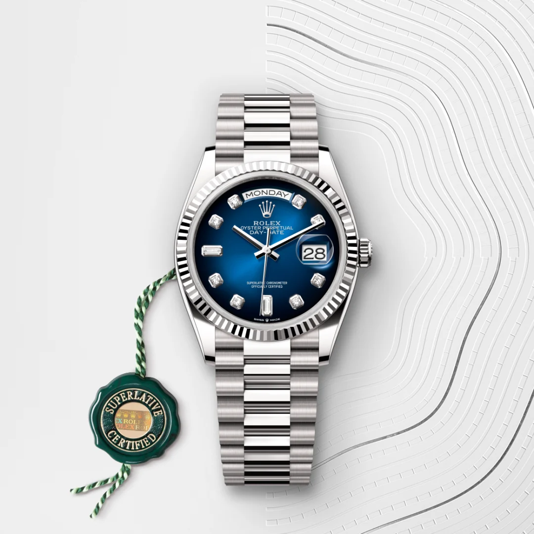 Rolex Day-Date 36 in 18 ct white gold M128239-0023 at DOUX Joaillier