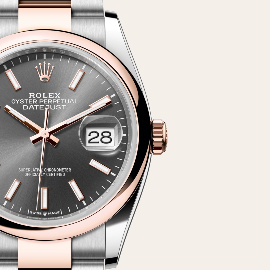 Rolex Datejust 36 en Rolesor Everose – combinaison d’acier Oystersteel et d’or Everose M126201-0014 chez Dubail
